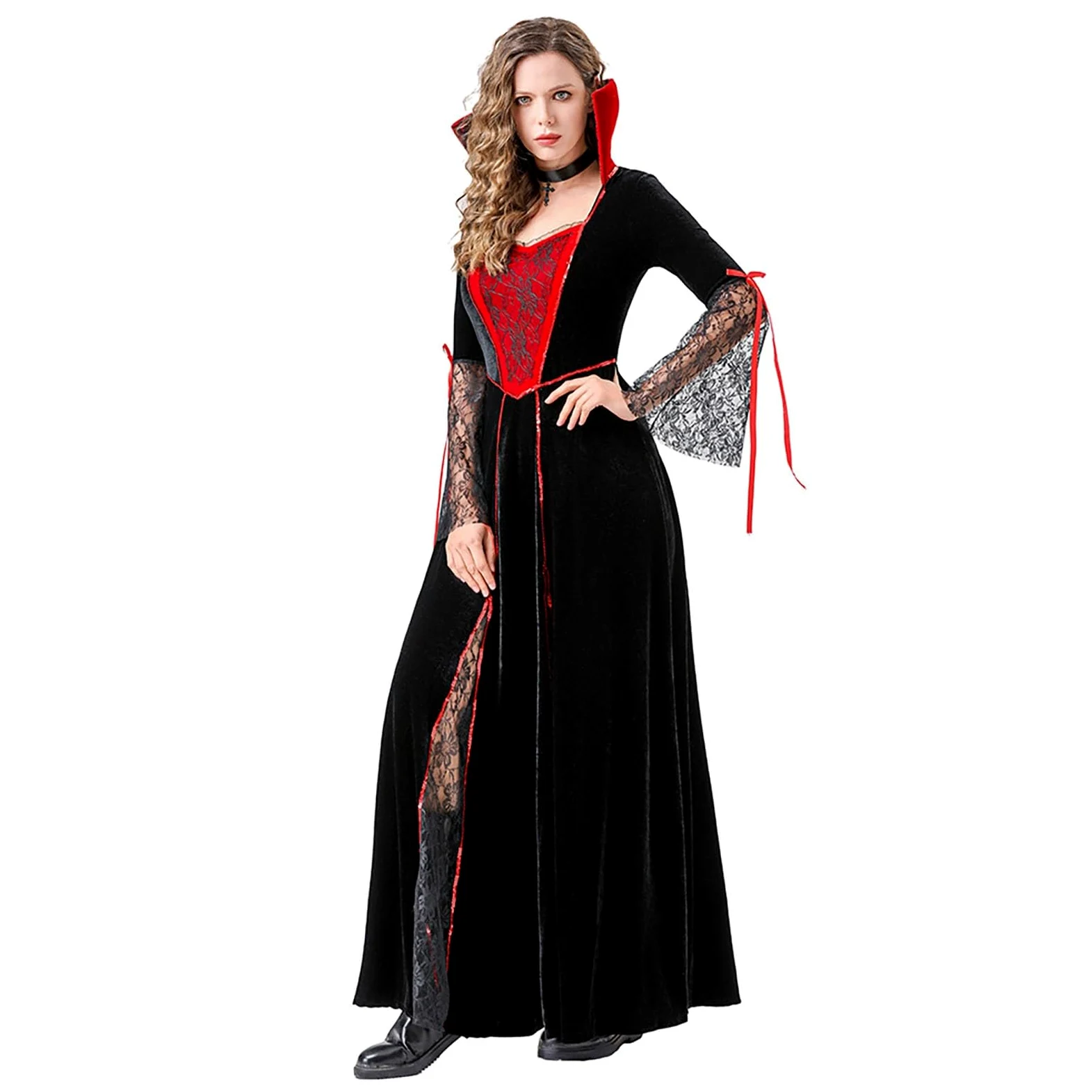Disfraz medieval para mujer, bruja, cuello de pico, manga larga, vestido maxi para Halloween, cremallera, escenario, disfraz, pirata, renacimiento, Halloween, cosplay, carnaval, disfraz, rockabilly