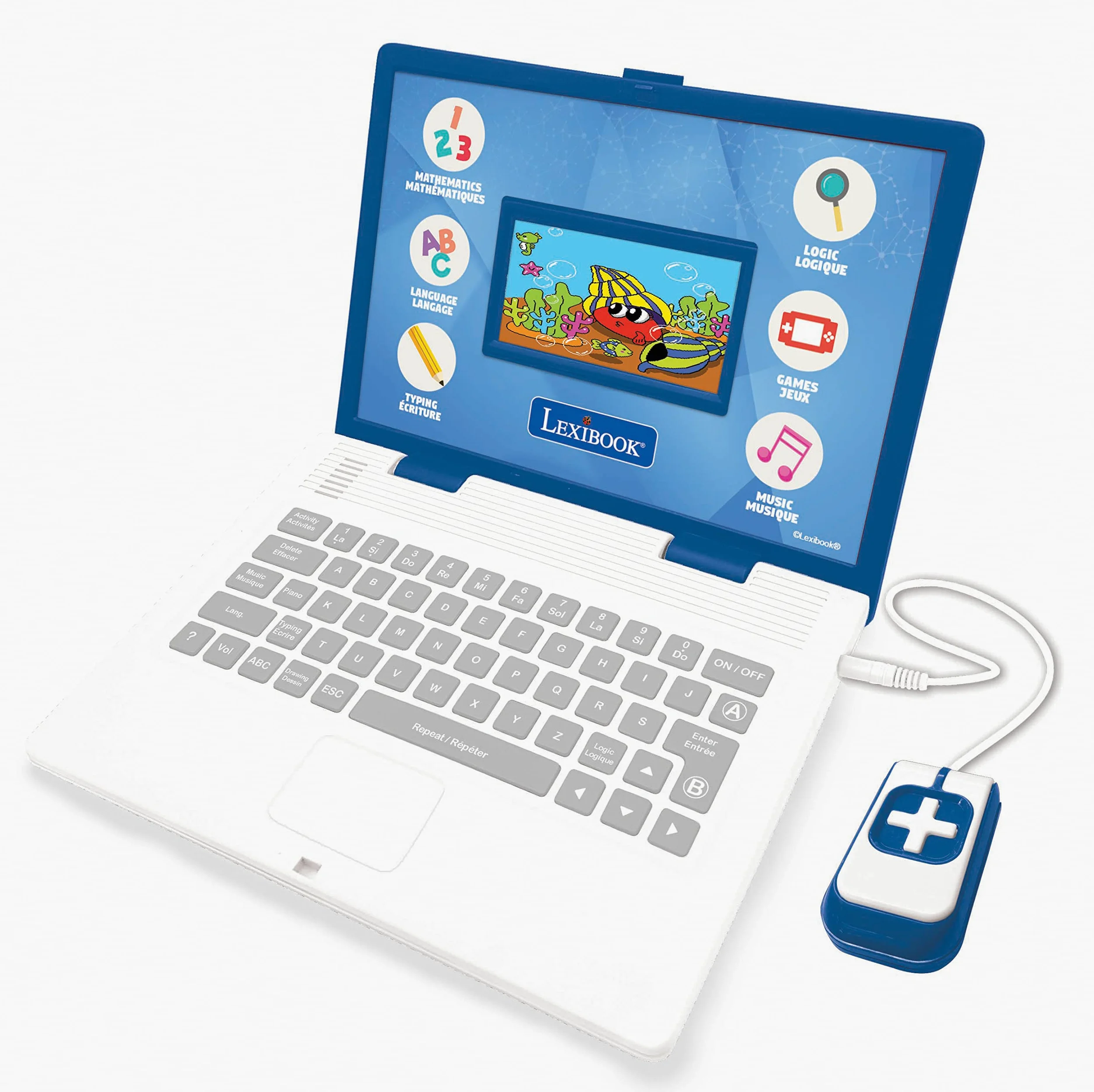 Lexibook JC798i1 - Ratón Educativo y bilingüe para portátil francés/inglés con Pantalla a Color, 130 Actividades para Aprender Idiomas, mecanografía, matemáticas, lógica, música y Juegos, Blanco/Azul