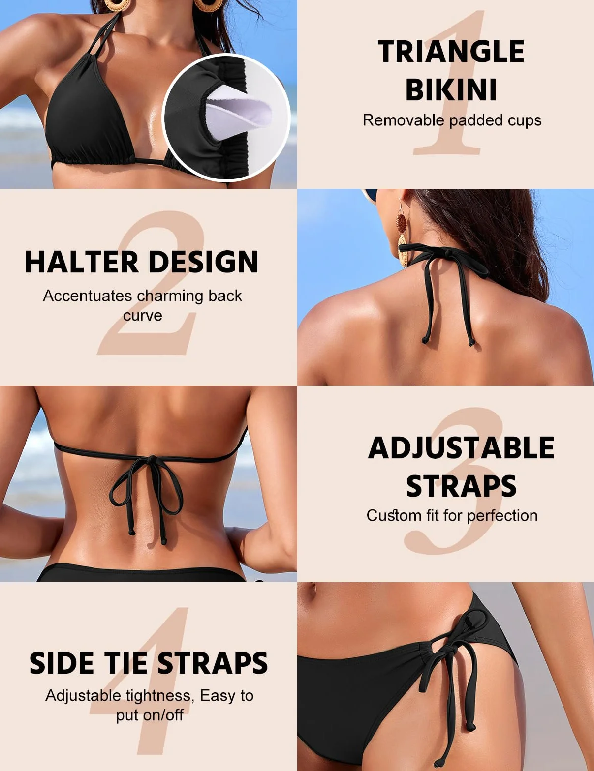 Svanco Conjunto Bikini Triángulo Mujer 2 Piezas, Cordón de Cuello, Espalda Descubierta, Lazos Ajustables Playa