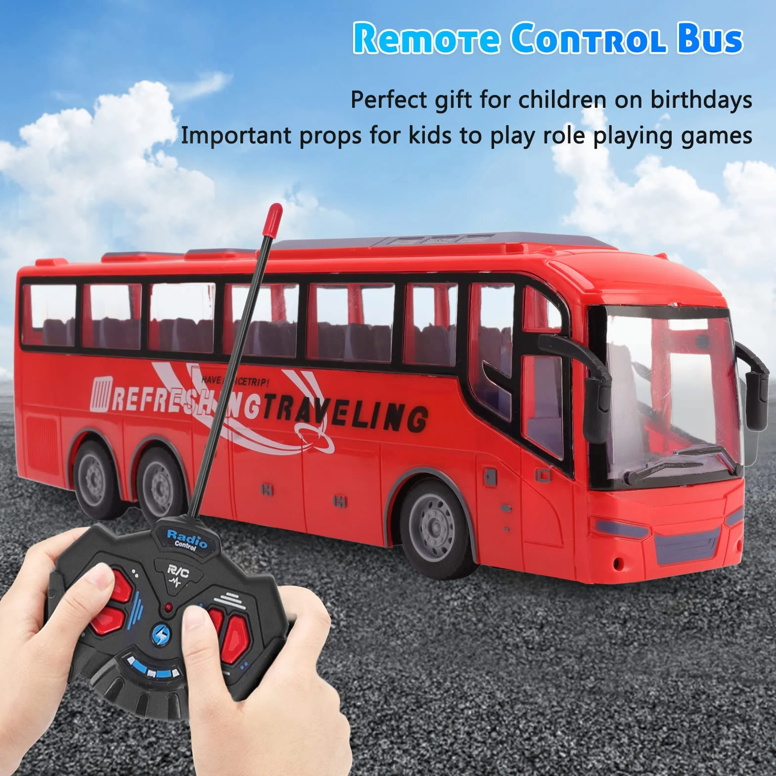 Modelo de Bus de Control Remoto a Escala 1: 20 con Luces Brillantes y Controlador Remoto, vehículo electrónico Recargable de Juguetes de autobuses RC inalámbricos para niños y (Viaje Rojo)