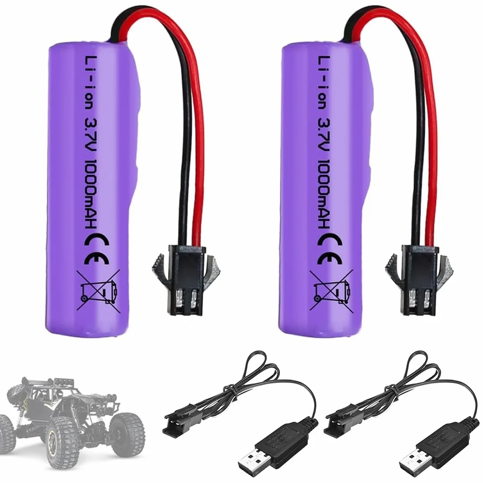 2 Piezas de 1000mAh 3.7V RC Batería, Baterías de Litio Recargables con Cable de Carga UBS Conector SM-2P, Batería Li-Ion Universal Compatible para Vehículos RC, Barcos, Tanques, Coches, Robots