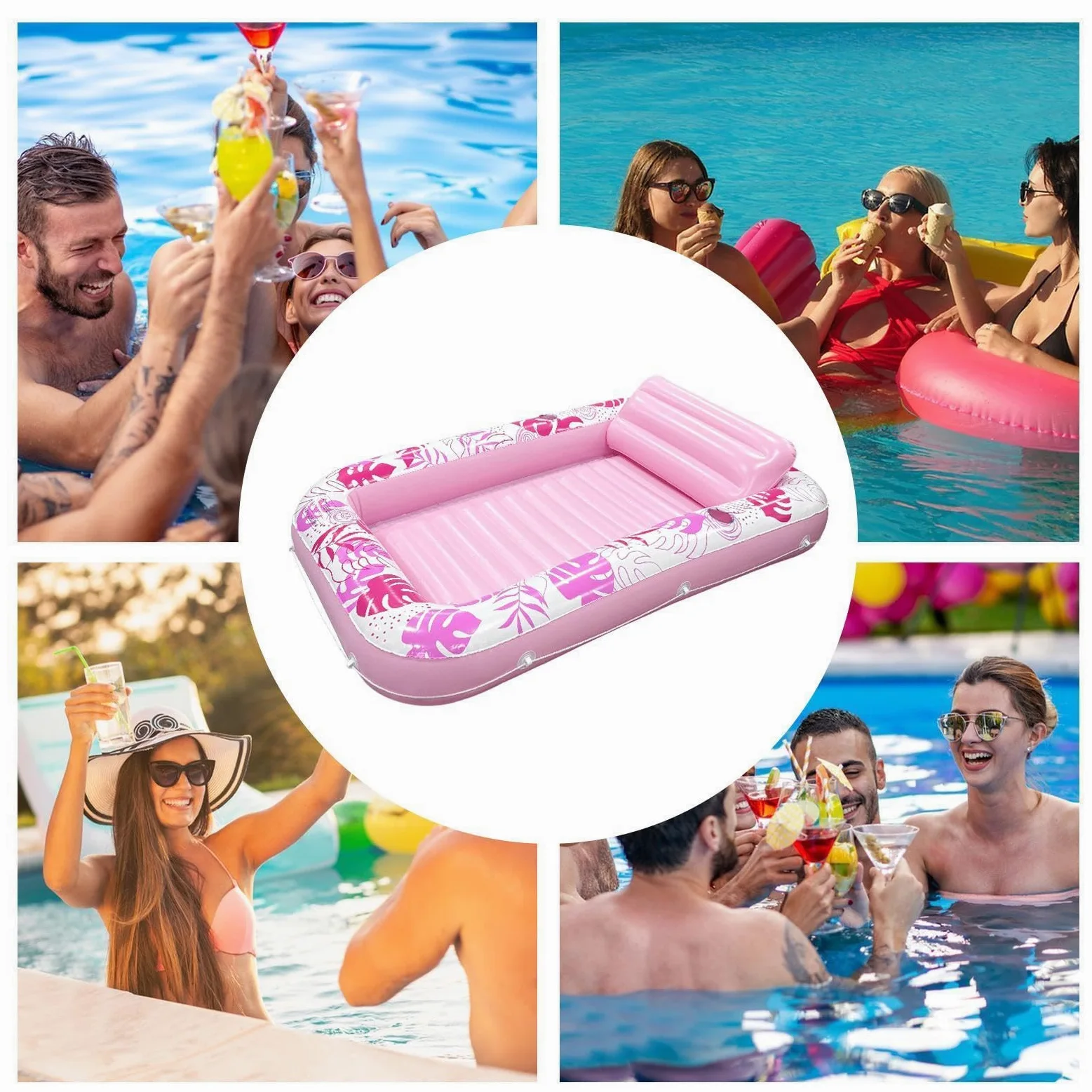 Genérico Flotador Lounge Inflable con Almohada Y Portavasos - Patrón Hoja Monstera | 176x114cm Flotador Inflable para Tomar El Sol para Río, Lago, Playa, Réjouissance, Vacaciones