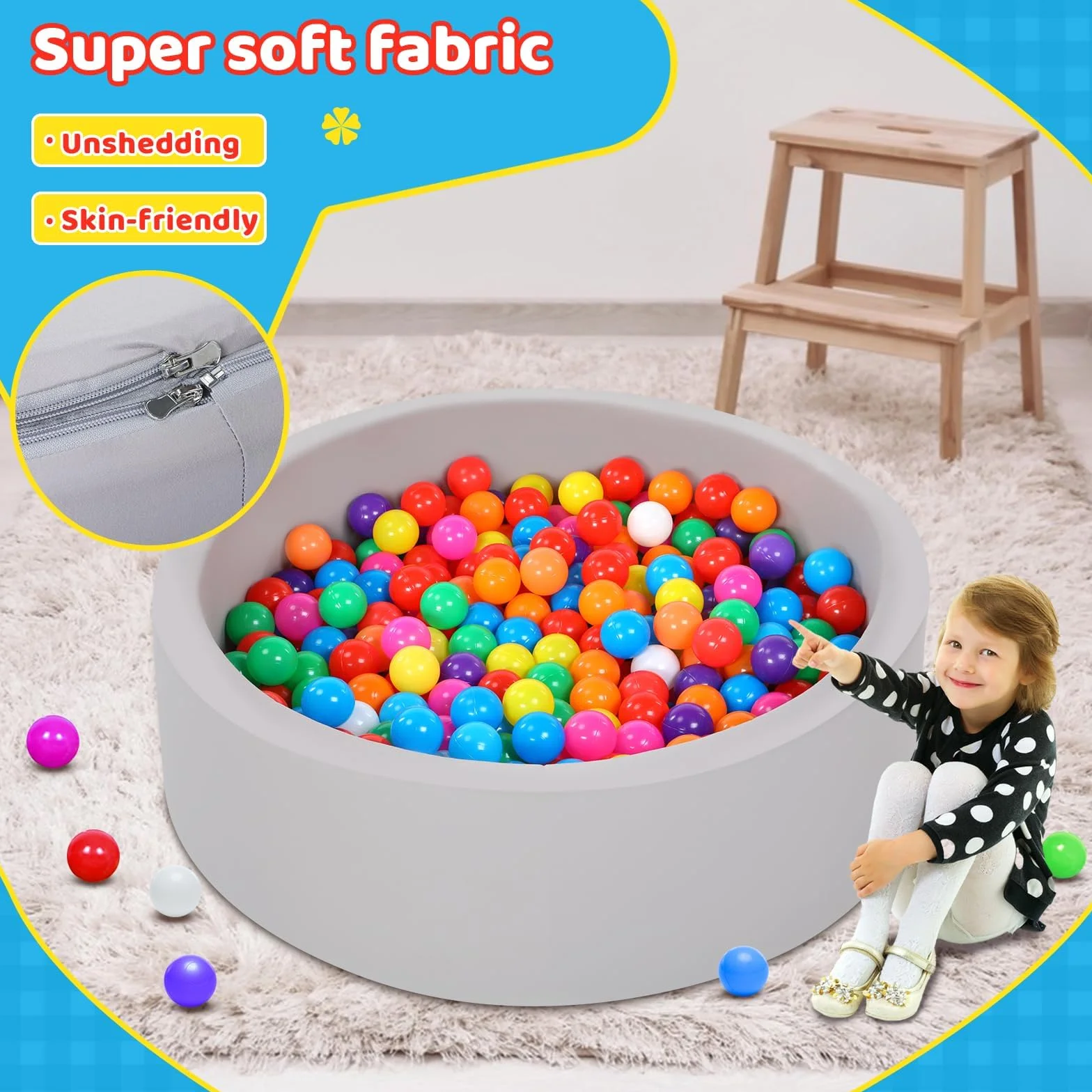 Piscina de bolas para bebés con 100 bolas tricolores, Bolas para piscina de bolas para bebés con bolas de plástico incluidas Piscina de bolas redonda suave plegable grande para niños pequeños Interior