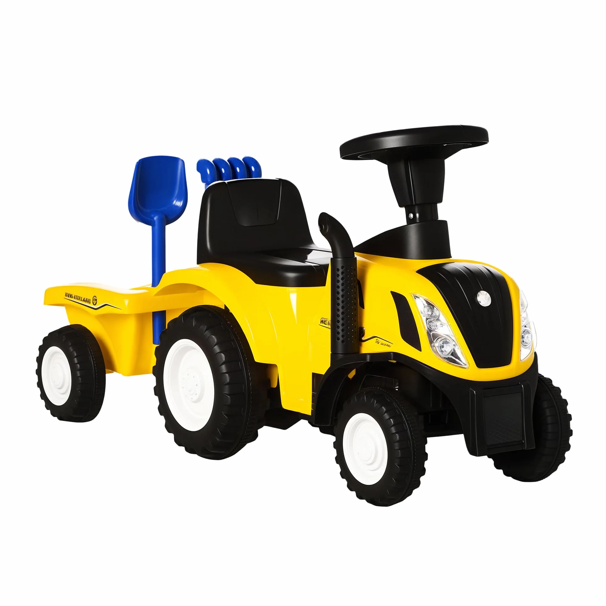 HOMCOM Tractor sin Pedales para Niños de 12-36 Meses con Remolque Extraíble Coche Correpasillos con Bocina Faros Pala Asiento de Suelo 25 cm y Rastrillo Carga 25 kg 91x29x44 cm Amarillo