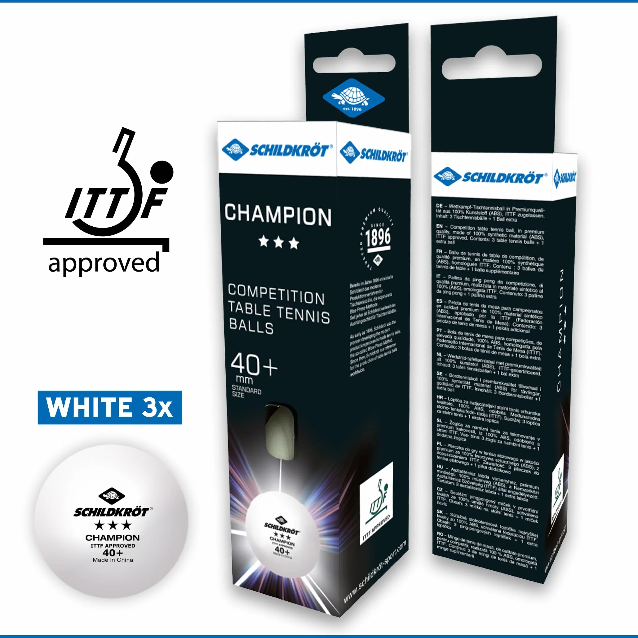 Donic-Schildkröt Pelotas de Tenis de Mesa Champion 3 Estrellas ITTF Poly 40+ 3 Piezas Blanco