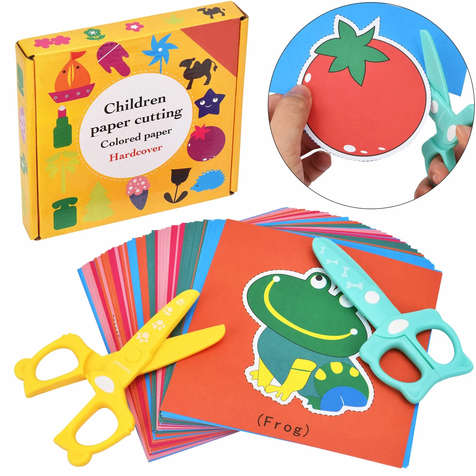 DealKits Juego de Corte Para Niños - 2 Tijeras de Seguridad + 48 Hojas - Actividades Divertidas Para Preescolar y Guardería - DIY