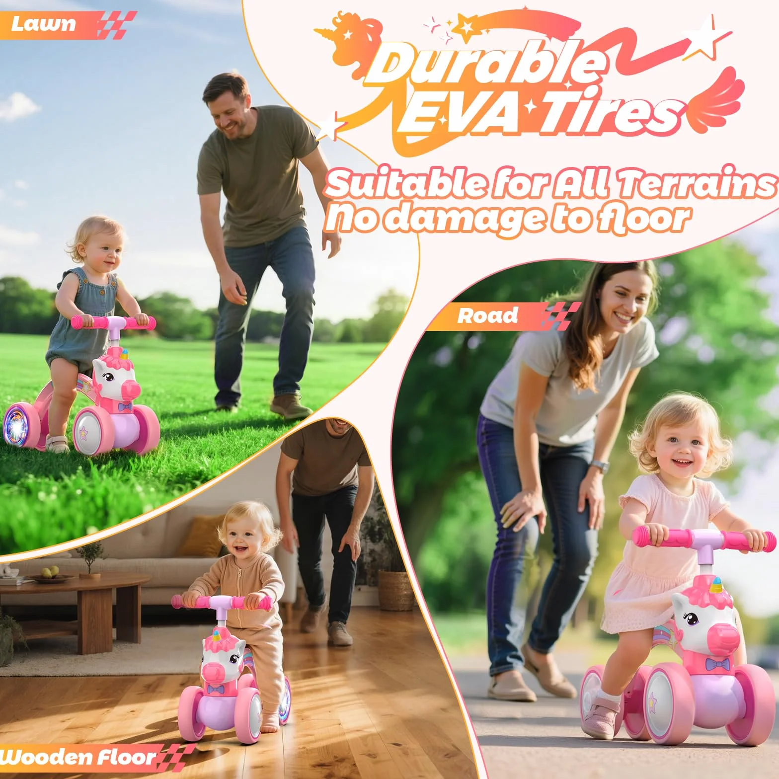 Correpasillos Unicornio de 4 Ruedas para Niños 1-2 Años con Luz LED Trasera, 25kg Capacidad, Regalo Ideal para Cumpleaños y Navidad, Juguete Seguro para Aprender a Equilibrarse (Rosa)