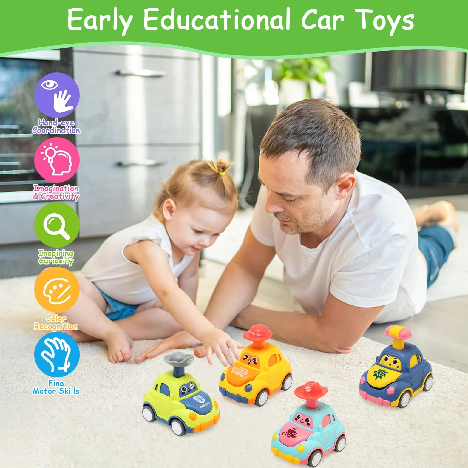 Coches Juguete para Bebes 1 Año, 4 Piezas Press-and-Go Conjunto de Vehículos para Niños Pequeños de 1 2 3 Años, Camiones De Juguete de Educación Regalos para 12 18 24 Meses Niños Niñas