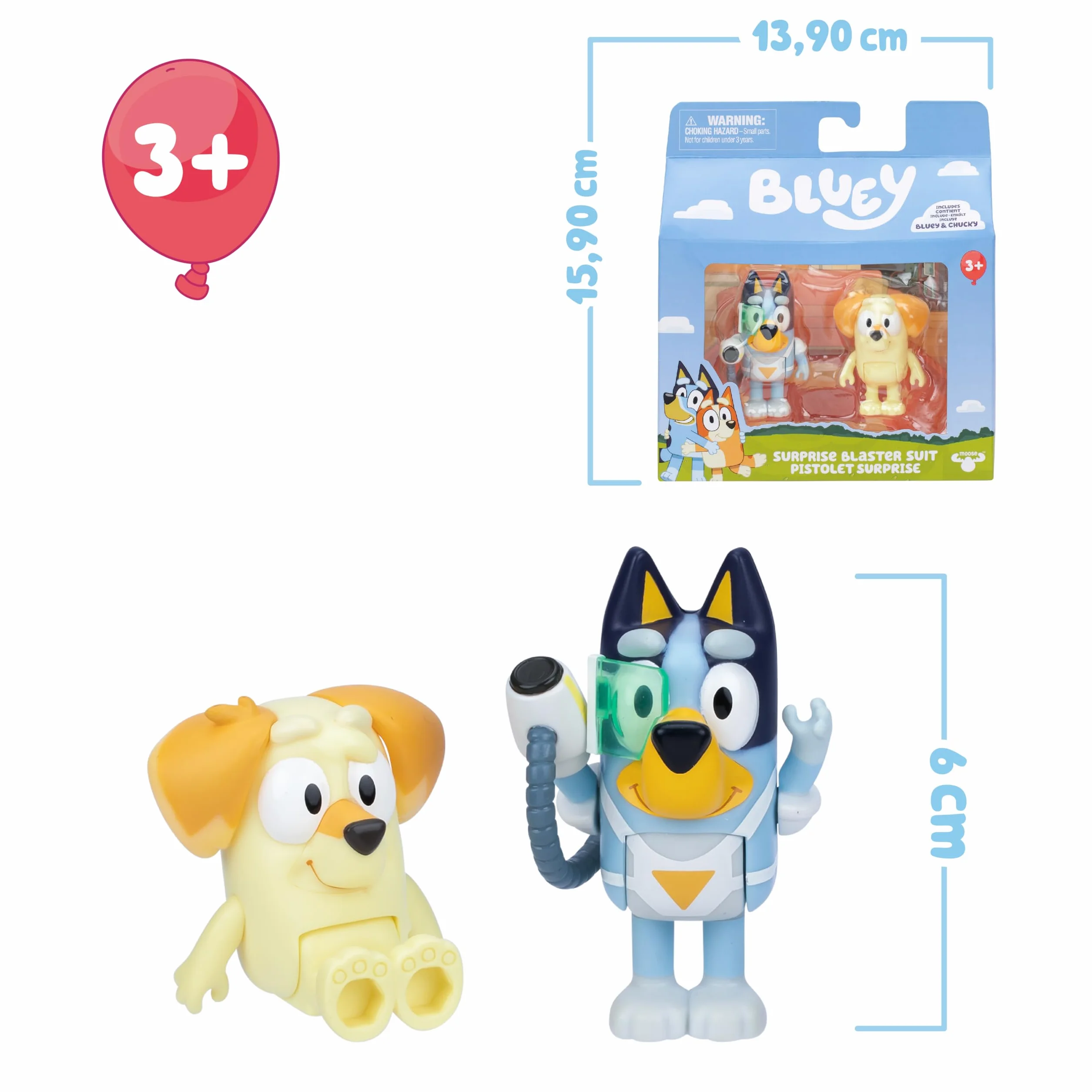 Bluey Pack 2 Figuras Surprise Blaster, Figuras Articuladas Amigos Preparados para IR de Aventuras, Muñecos de la Serie Infantil, Juguetes Exclusivos, Famosa (BLY91210)