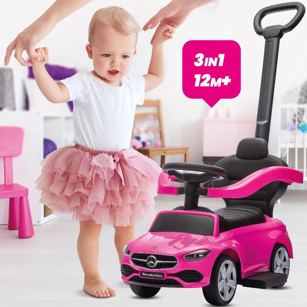 sun baby Coche de Empuje Mercedes C-Class, Coche para Niños a Partir de 1 año, Respaldo Alto, Volante con Audio, reposapiés Extensibles, Compartimento portaobjetos (Rosa)