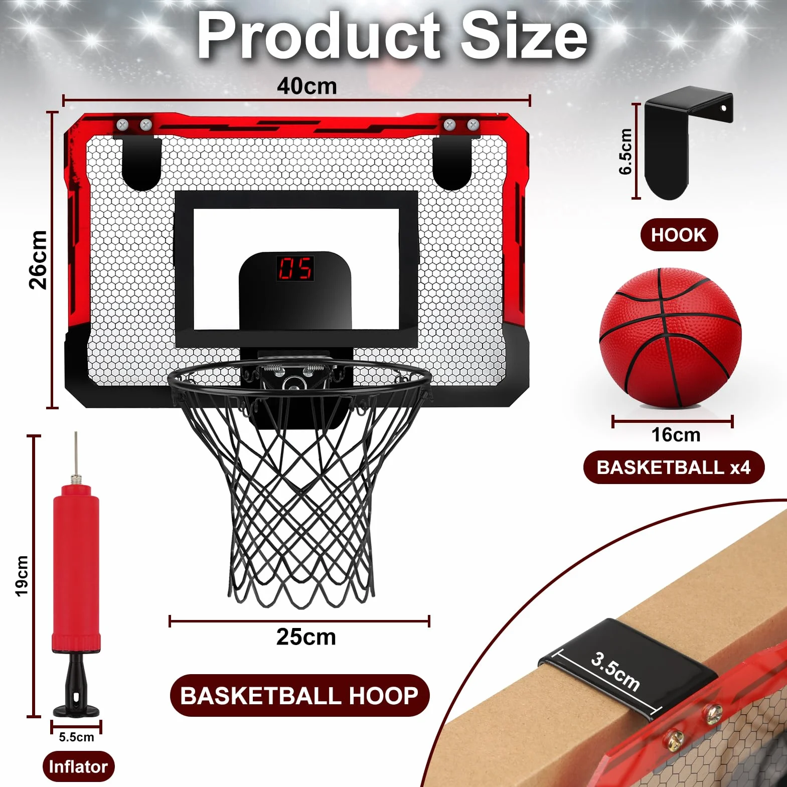Yimore Canasta Baloncesto Infantil, Interior Exterior Canasta de Baloncesto para Niños Juguete con 4 Pelotas Red y Bomba para Niño de 5 6 7 8 9 10 11 años (Rojo)