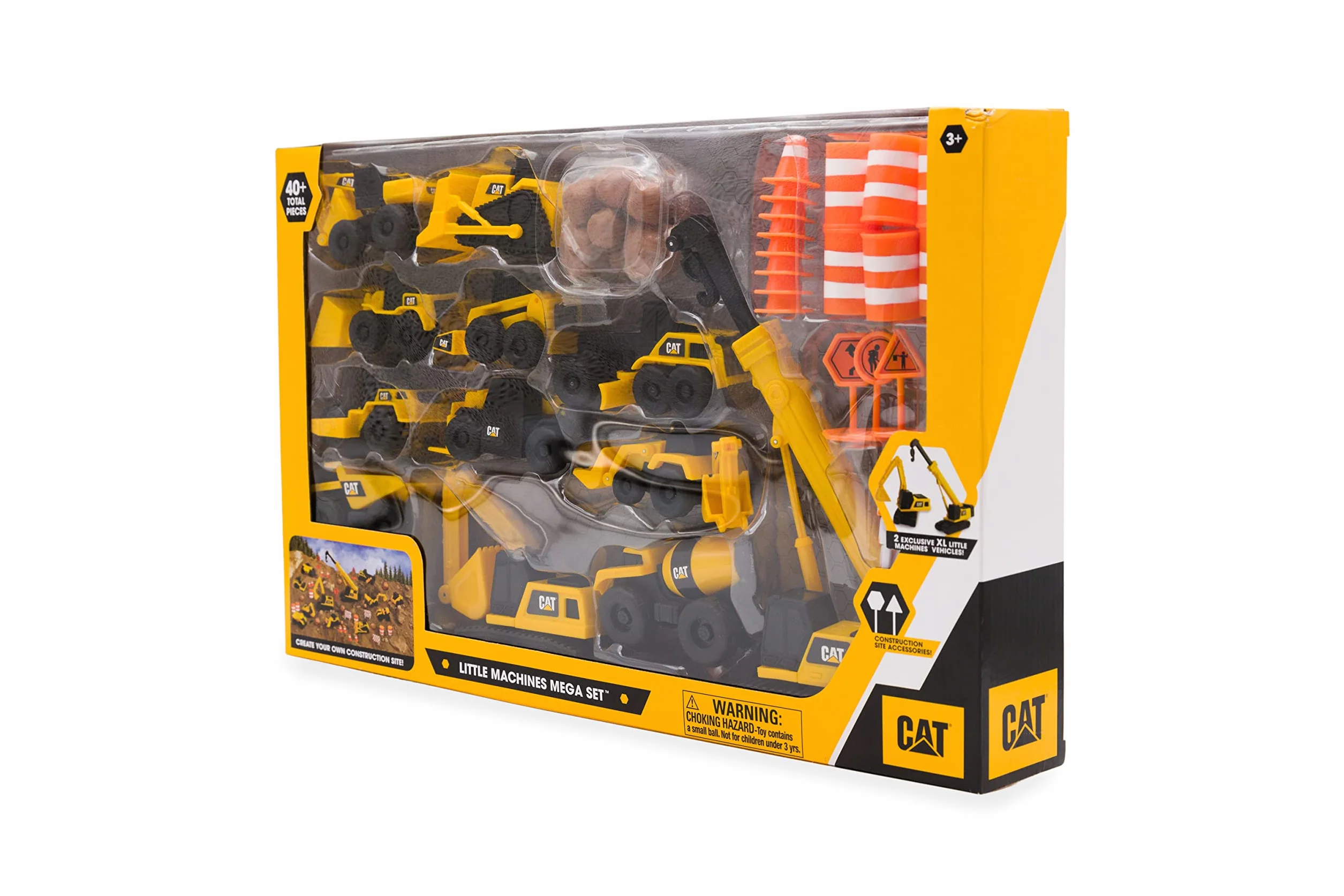 CAT Construction Toys, Little Machines Mega Set – 40+ Pieces with XL Crane & Excavator, 10 Mini Vehicles, Road Signs, Cones, Boulders & Barricades, Indoor/Outdoor STEM Toy for Kids Ages 3 +