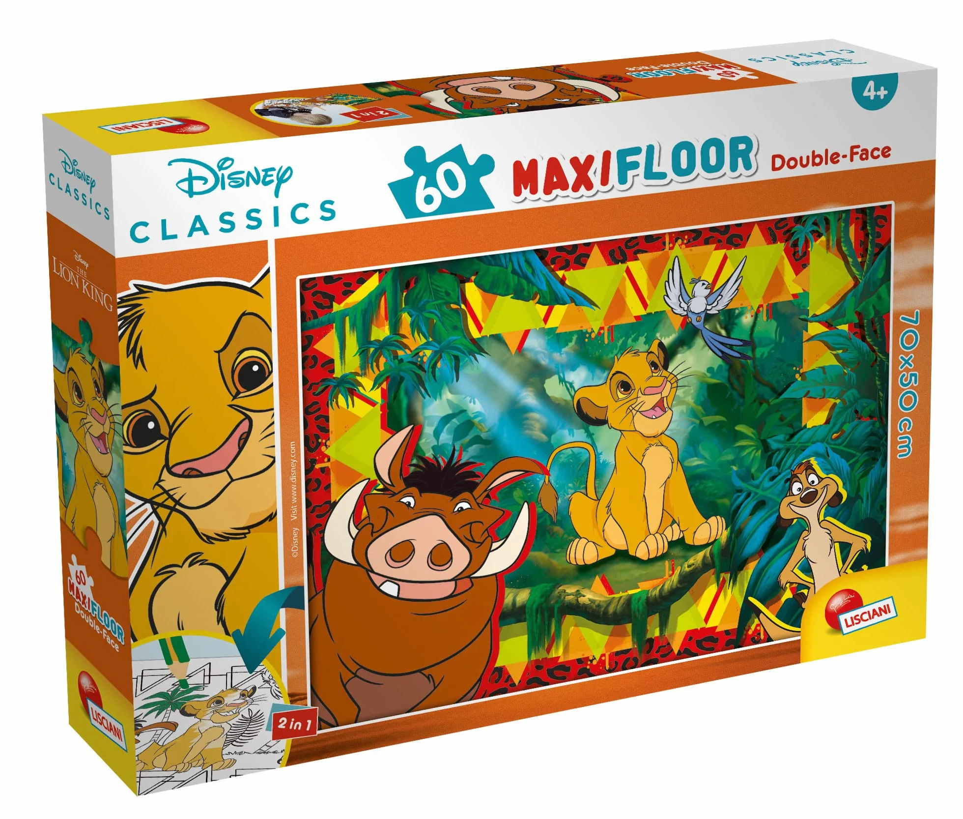 Liscianigiochi , Puzzle Maxi Floor para niños de 60 piezas, 2 en 1 Doble Cara con reverso para colorear - Disney Rey León - 91751