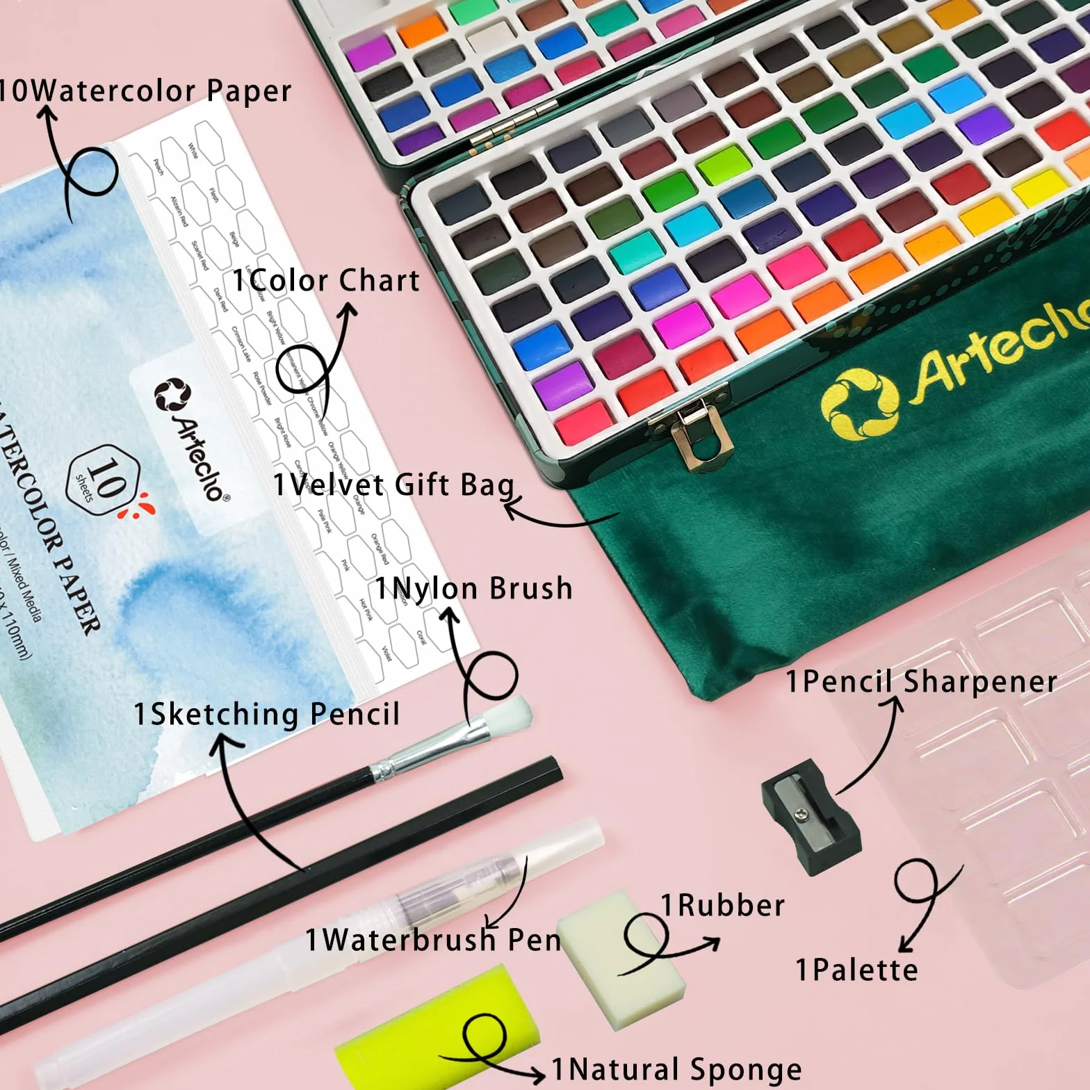 Artecho Juego de pintura de acuarela de 128 colores en caja portátil con paleta de acuarela, papeles de acuarela y pinceles, ideal para adultos, artistas y aficionados