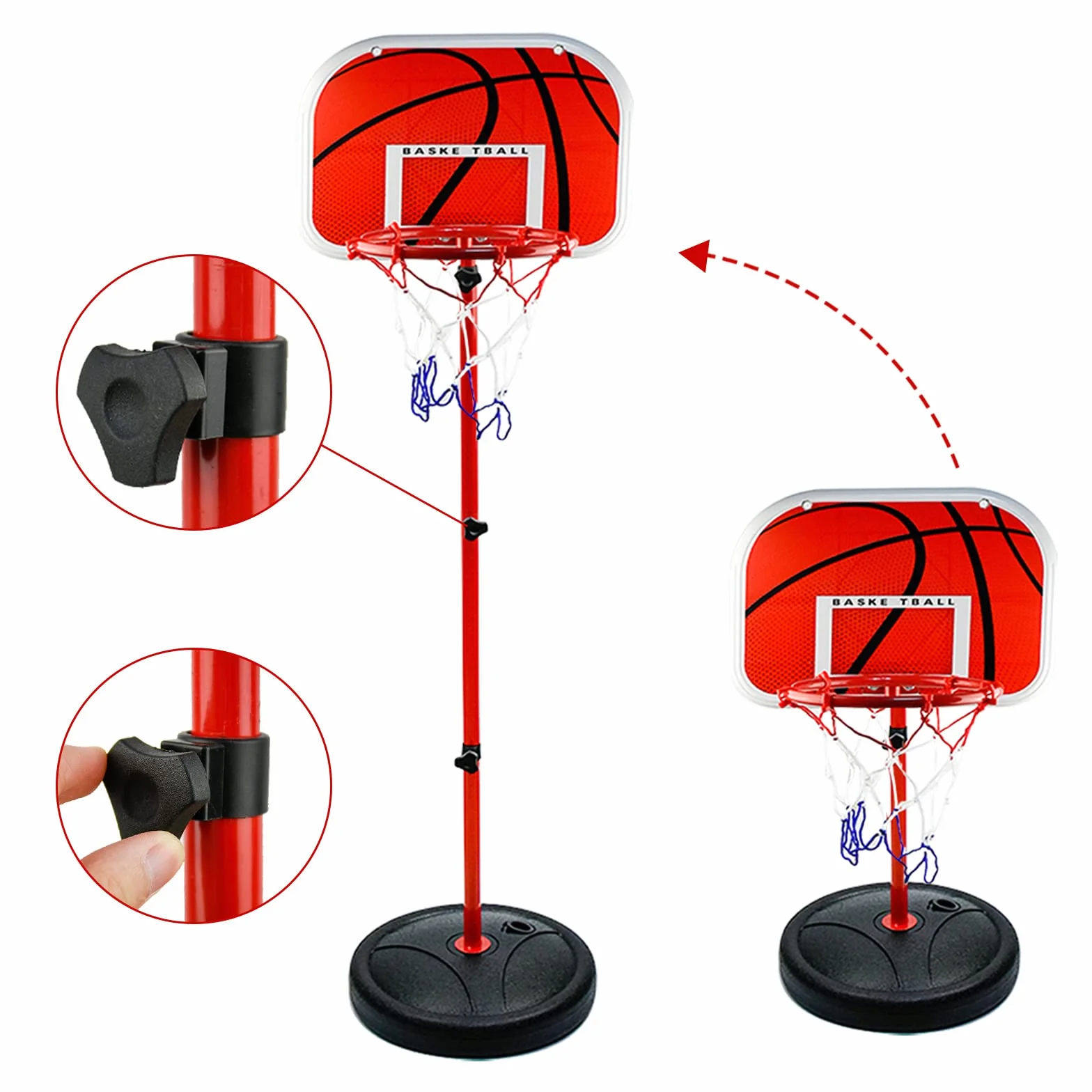 Canasta Baloncesto y Soporte Infantil, Portátil de 50 CM-150 cm para niños, Ajustable Aro de Baloncesto para Interior y Exterior, con 3 Bolas, Red, Bomba