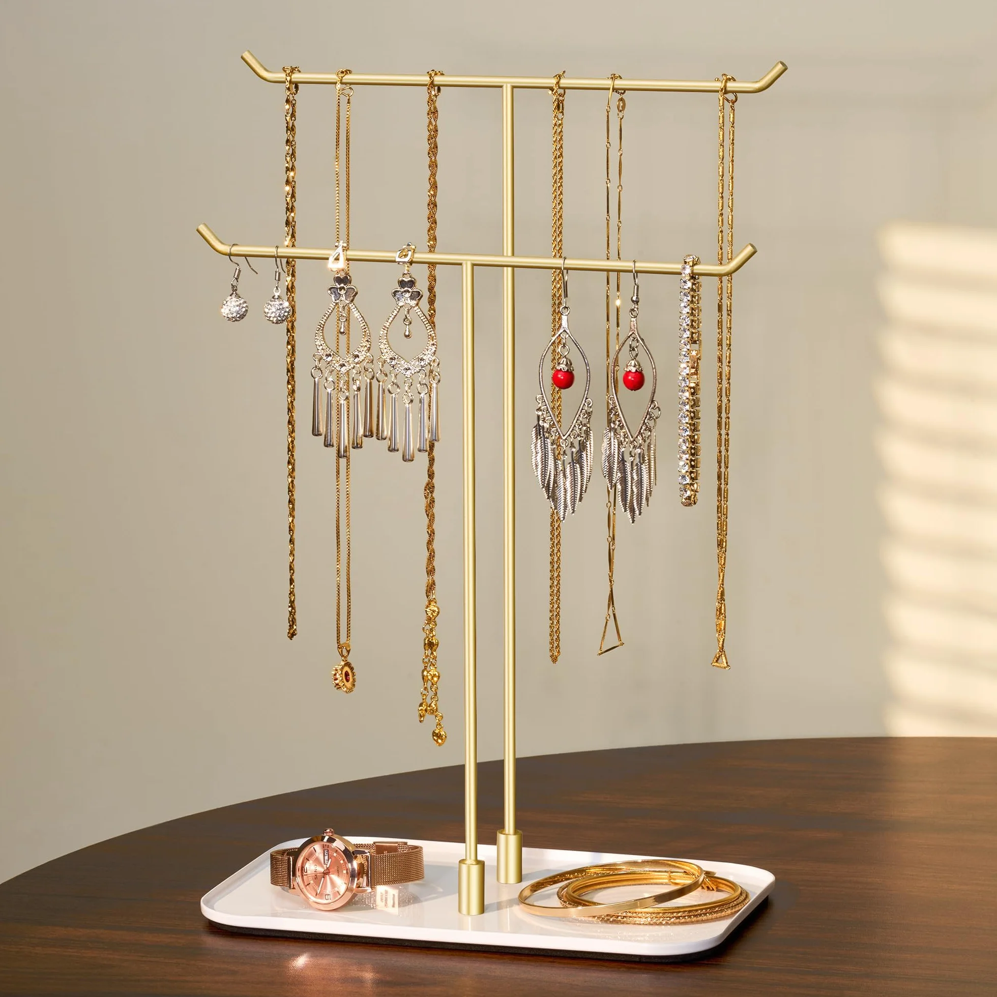 Josmimic Soporte para joyas, bandeja para joyas, organizador de joyas para collares, pulseras, pendientes, anillos, idea de regalo, dorado