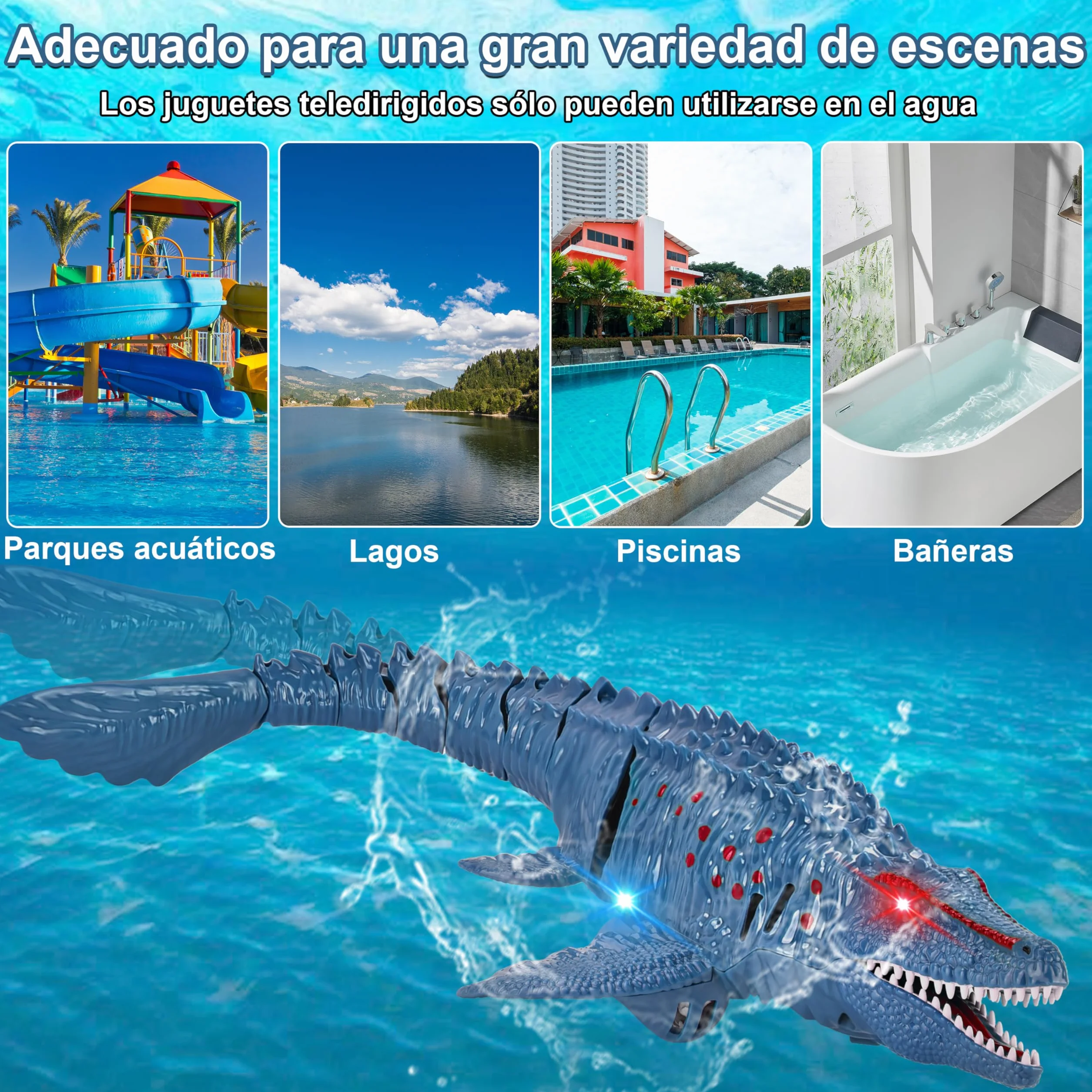 IEEILULU Barcos Teledirigido RC Mosasauru, 2.4GHz Barco Tiburón Dinosaurio Eléctrico con Luces y USB, Juguete Acuático Teledirigido, Regalo para Niños Mayores de 8+ Años Piscina y Lagos (Azul)