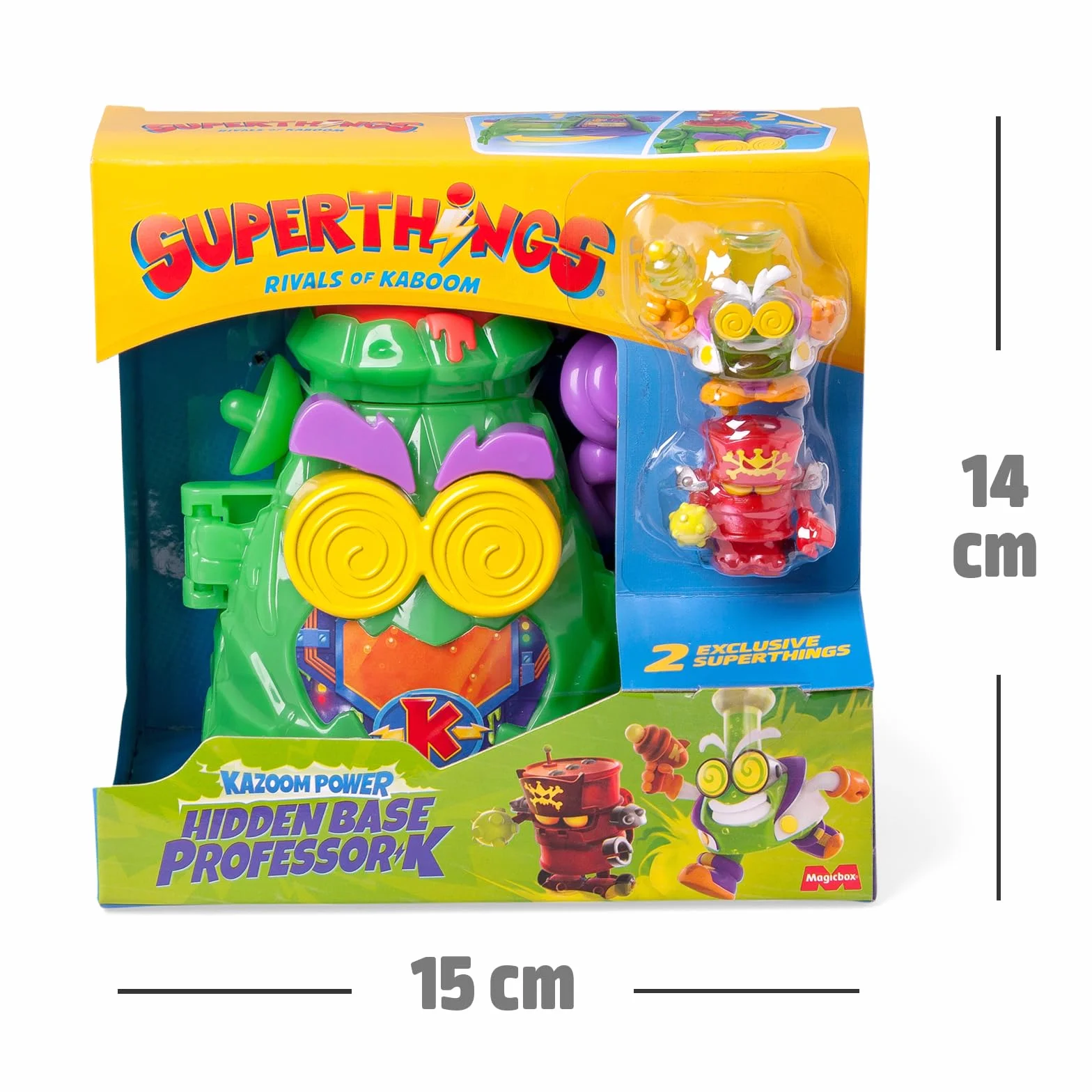 SUPERTHINGS KAZOOM Power – Hidden Base Professor K. Guarida del Professor K de la Serie de TV “Kazoom Power”. Contiene 1 Hidden Base, 1 Professor K Exclusivo, 1 Robotoxic Exclusivo