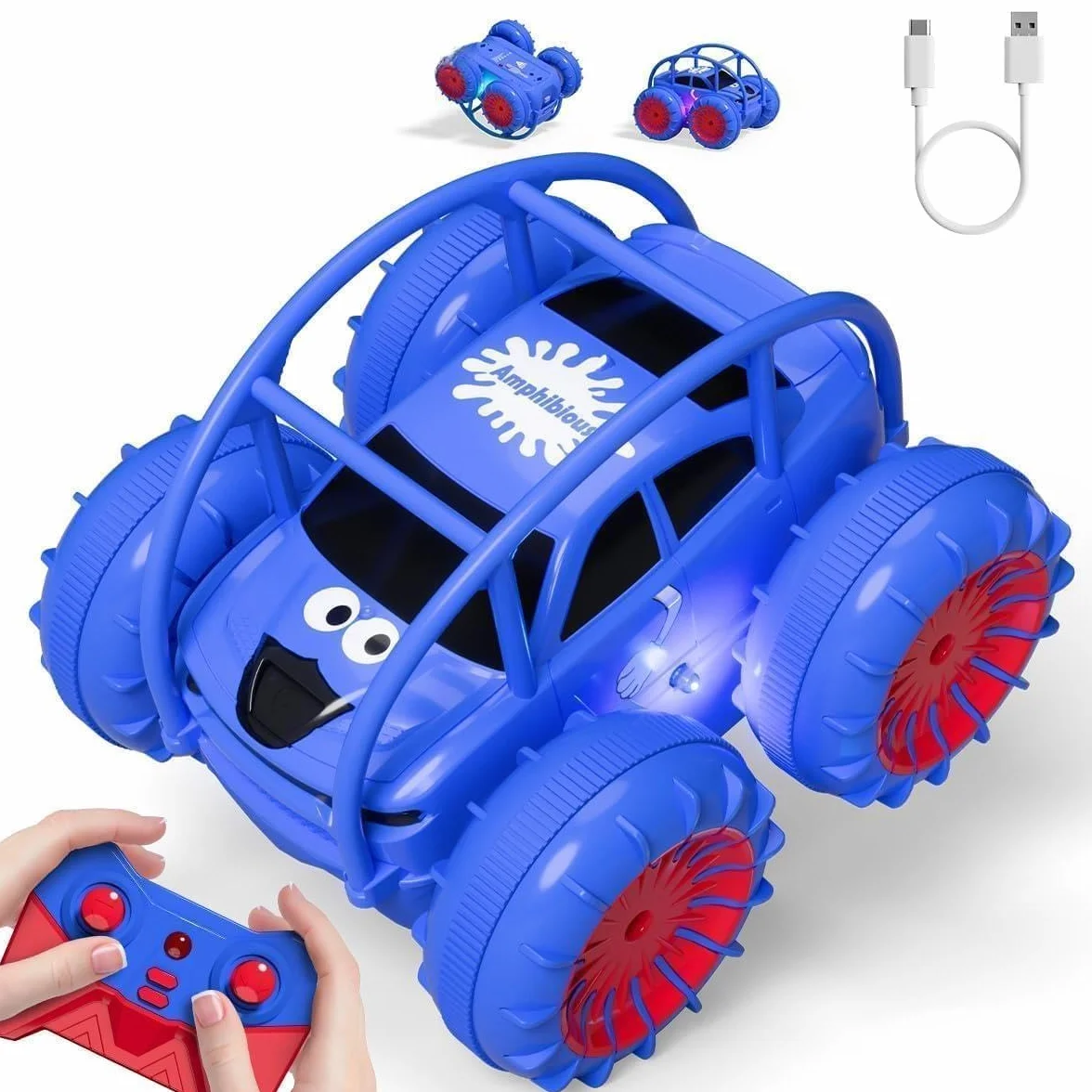 ifollower Coche Teledirigido 4x4 Camión Anfibio, 360° Acrobacias y LED, 15km/h, Carga USB-C Directa, Juguete para Niños 3 4 5 6 7 8 9 10 11 12 Años, Regalo Navidad Cumpleaños