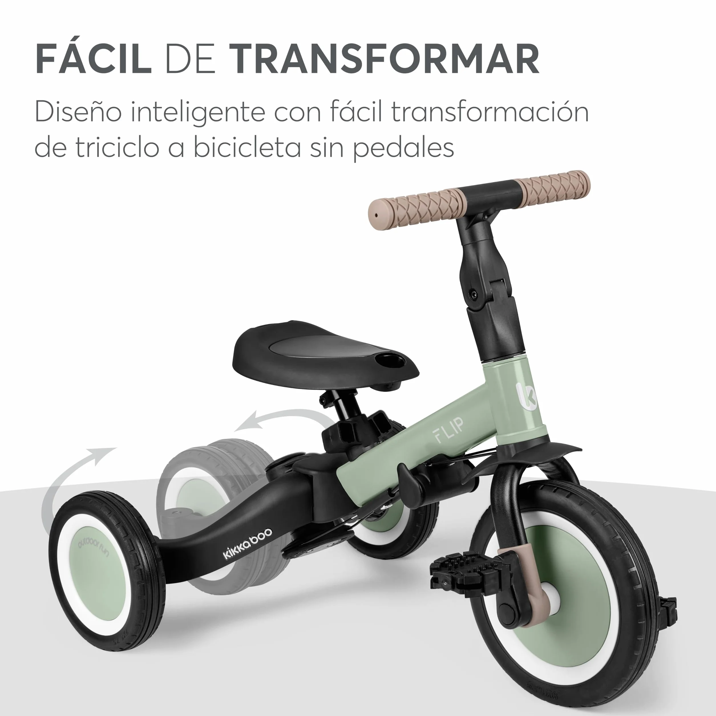 KikkaBoo FLIP, Triciclo Evolutivo de Bebé 5 en 1, Bicicleta con o sin Pedales, Ajustable y Transformable, Verde Militar, Desde 1 Año Hasta 5 Años