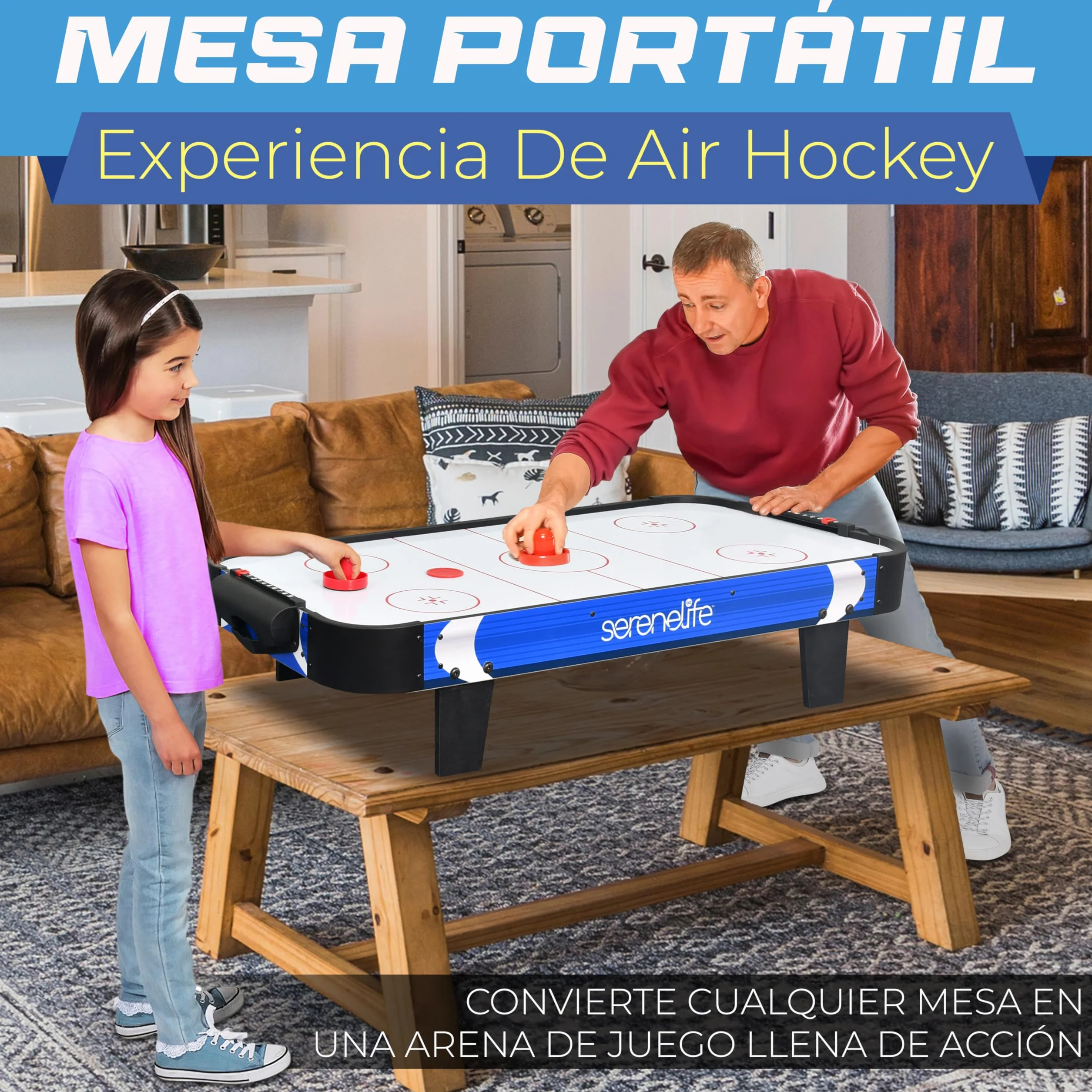 Serenelife Mesa de Hockey de Aire, Motor Dos Veces mas Fuerte, Marcador de Puntos LED Digital, Dispensador de Discos y Accesorios