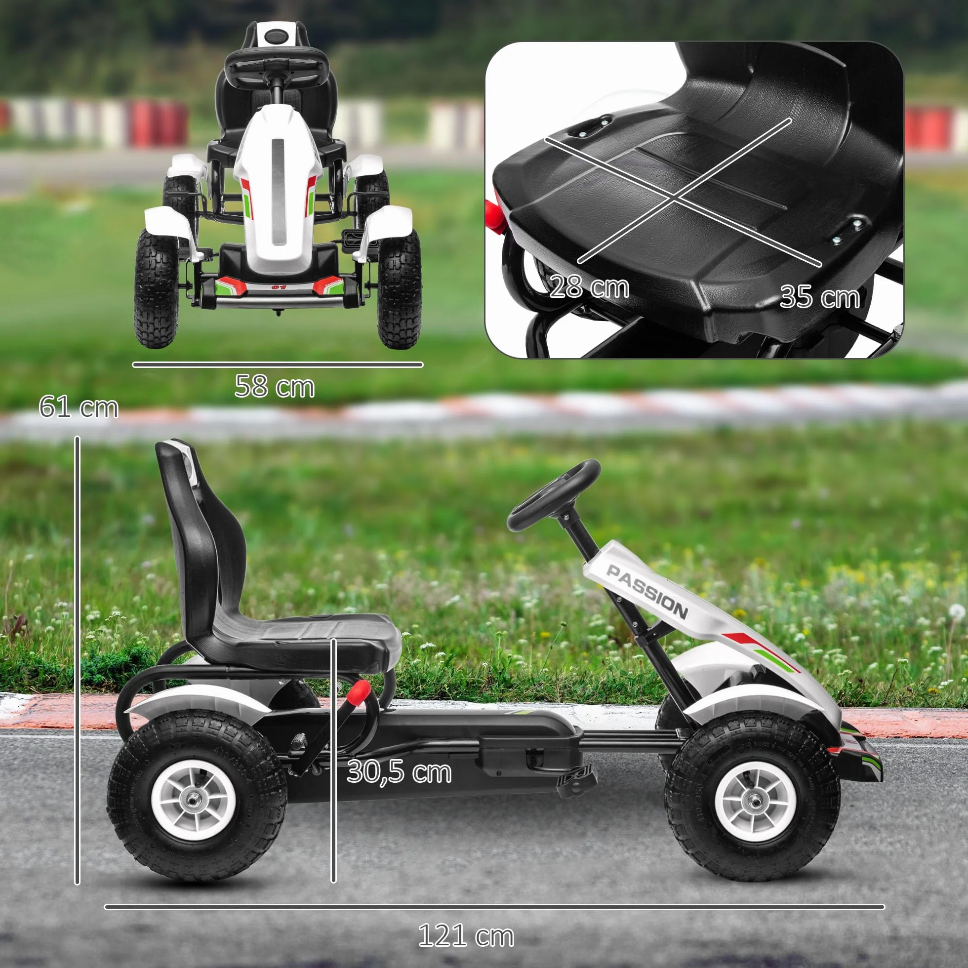 HOMCOM Go Kart a Pedales para Niños de +5 Años Coche de Pedales Infantil con Asiento Ajustable Neumáticos de Goma Freno de Mano para Niños y Niñas Carga 50 kg 121x58x61 cm Blanco