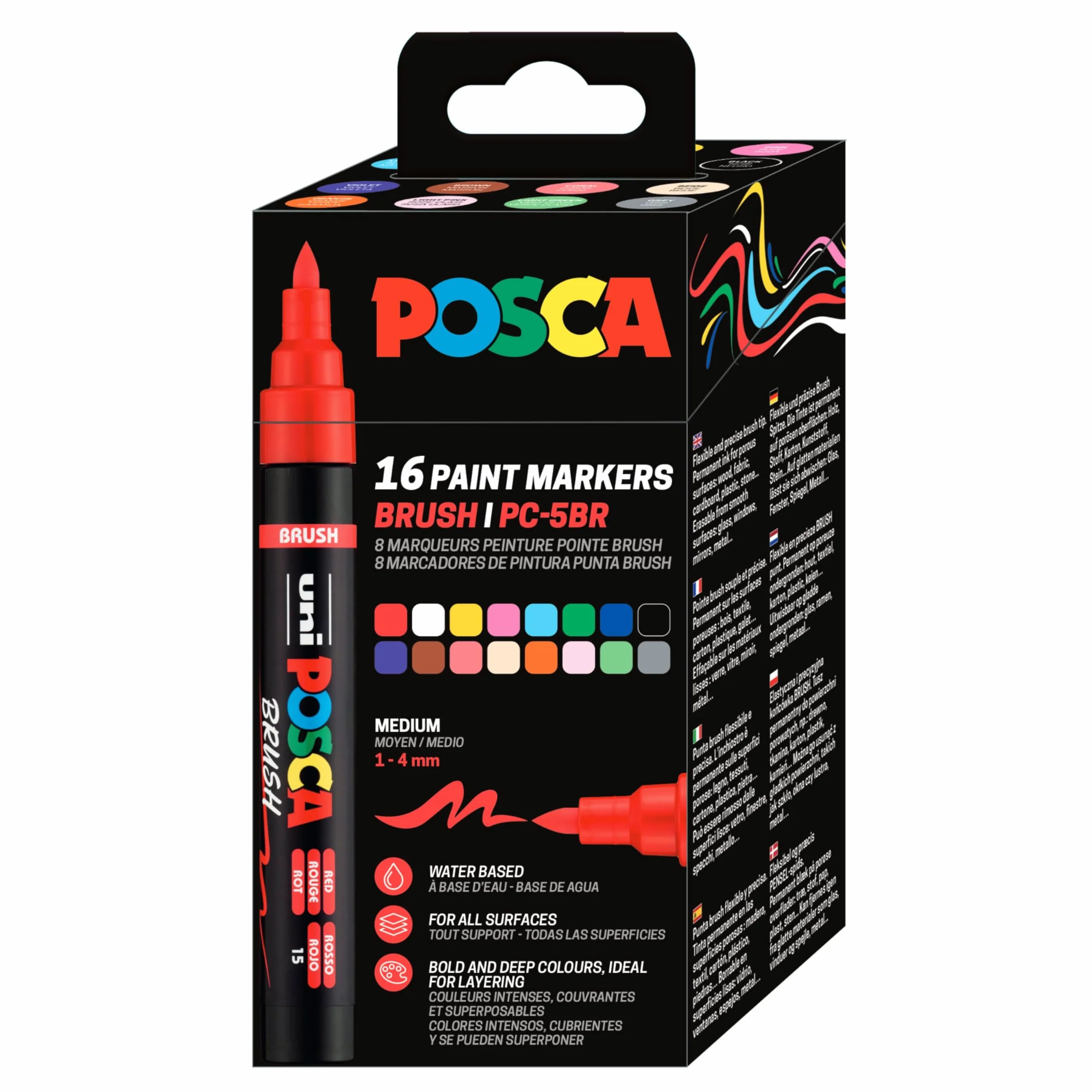 POSCA Set de rotuladores Brush Pen PC-5BR, 16 rotuladores acrílicos con punta de pincel