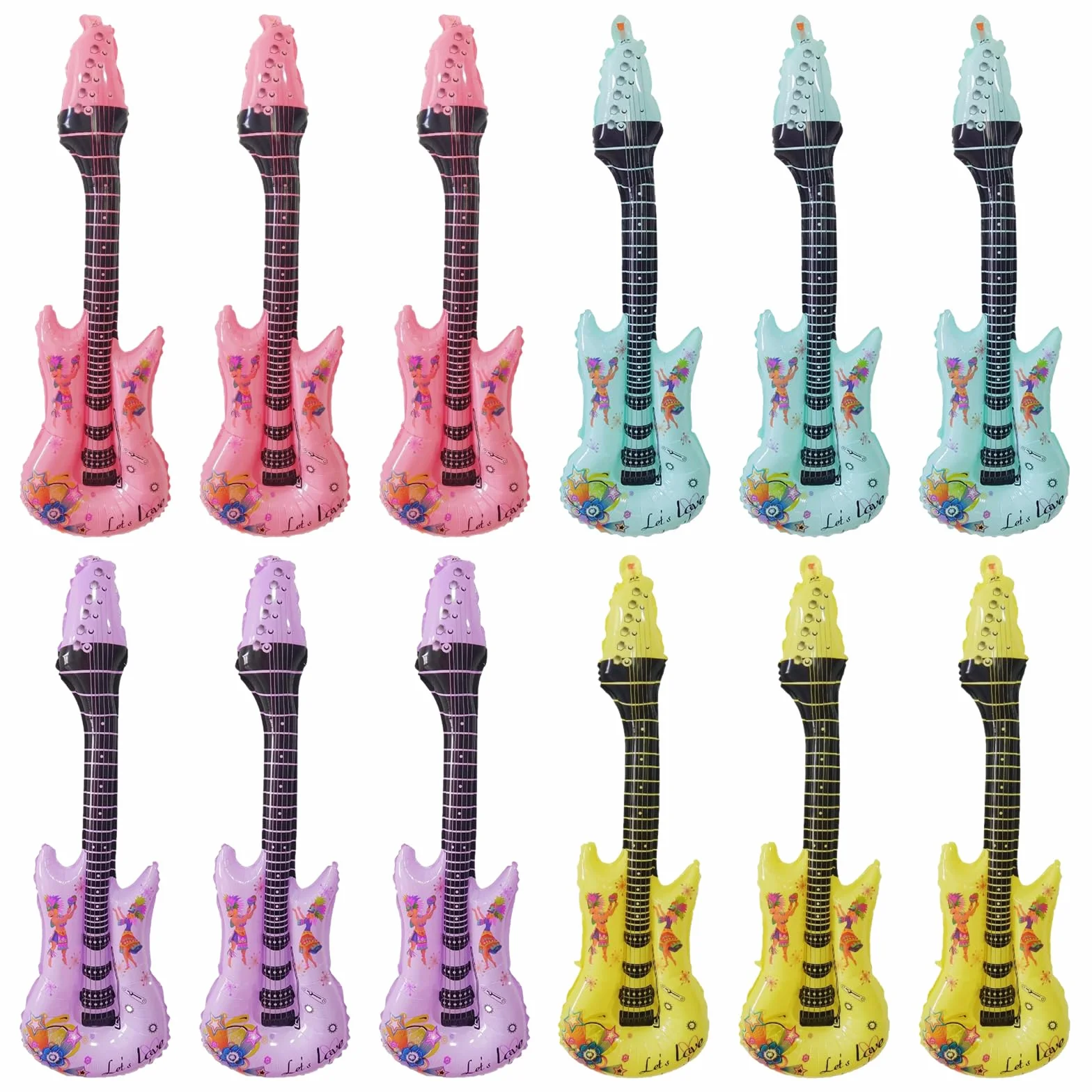 Embhlitfe 12 piezas de guitarra inflable, instrumento musical inflable, guitarra de rock Rockstar juguete, accesorios inflables para fiestas para niños y adultos, decoración de fiesta (105 x 36 cm)