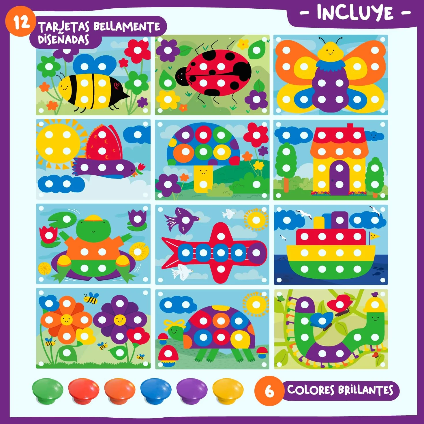 Nene Toys Puzzle de Madera para Niños 2+ Años – Juguete Montessori con Botones de Colores y Tarjetas – Mosaico Educativo Infantil para Motricidad Fina – Regalo Niño Niña 2 3 Años - Juego Didáctico