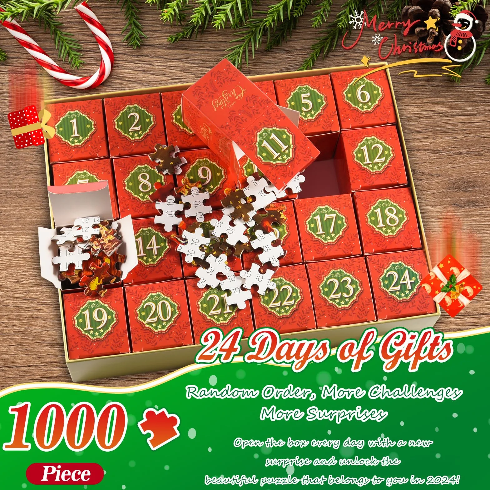 HappyGoLucky Calendario Adviento 2025 Adultos, Puzzle 1000 Piezas Adultos Regalo Navidad para Mujer Hombre y Niño Niña Calendarios de Adviento Adolescentes Regalos Originales para Amigas Parejas