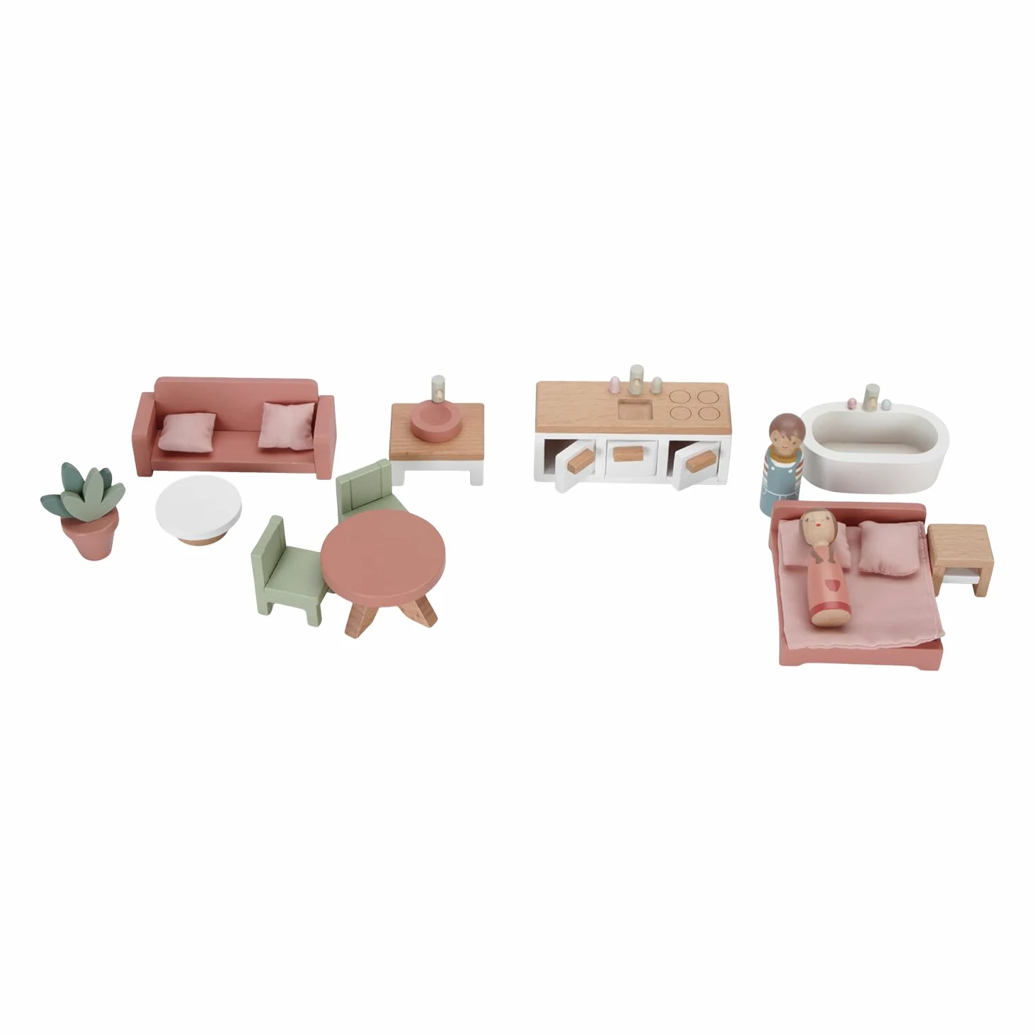 Little Dutch Casa de muñecas de madera portátil y plegable con muchos accesorios y figuras de juego, muebles rosa