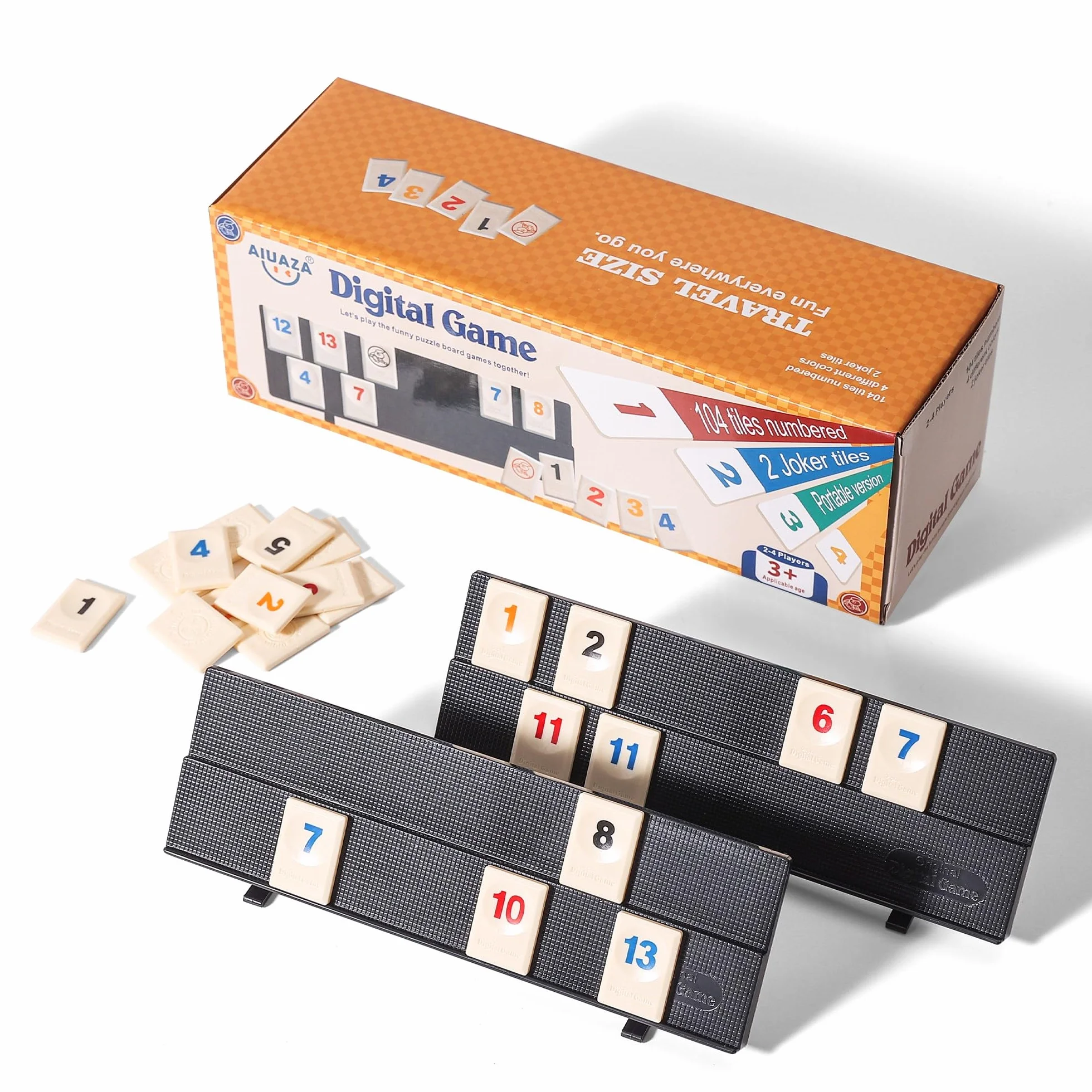 AIUAZA Juego de Rummy Cube con bolsa portátil, mini juego de Rummy Cube para adultos y niños, 106 fichas, soporte de juego, set de viaje con 4 portafichas para juegos de mesa clásicos familiares