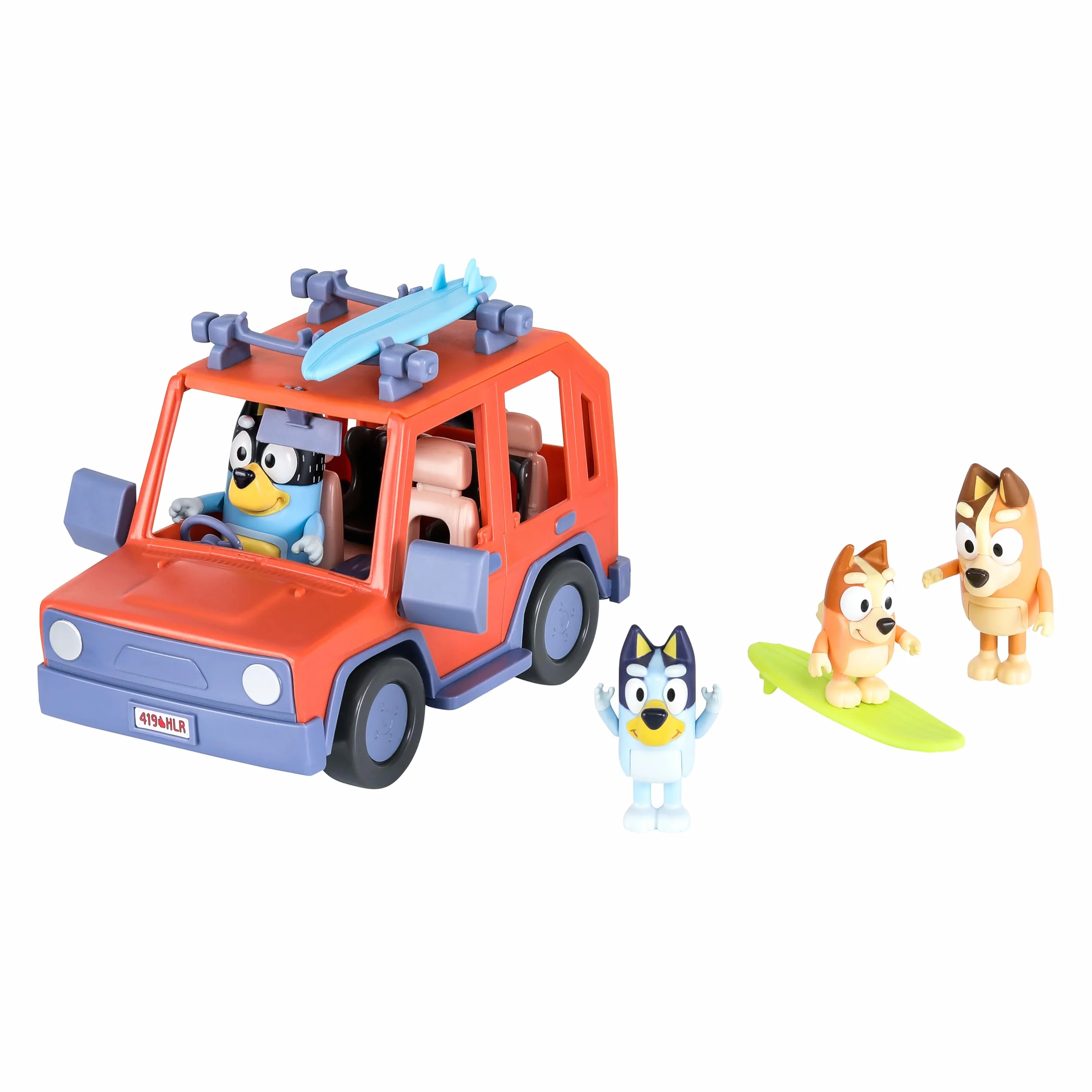 Bluey Pack del Todoterreno Familiar de los Heeler y 4 Figuras, Figuras de 6,3 cm, 2 Tablas de Surf y Pegatinas
