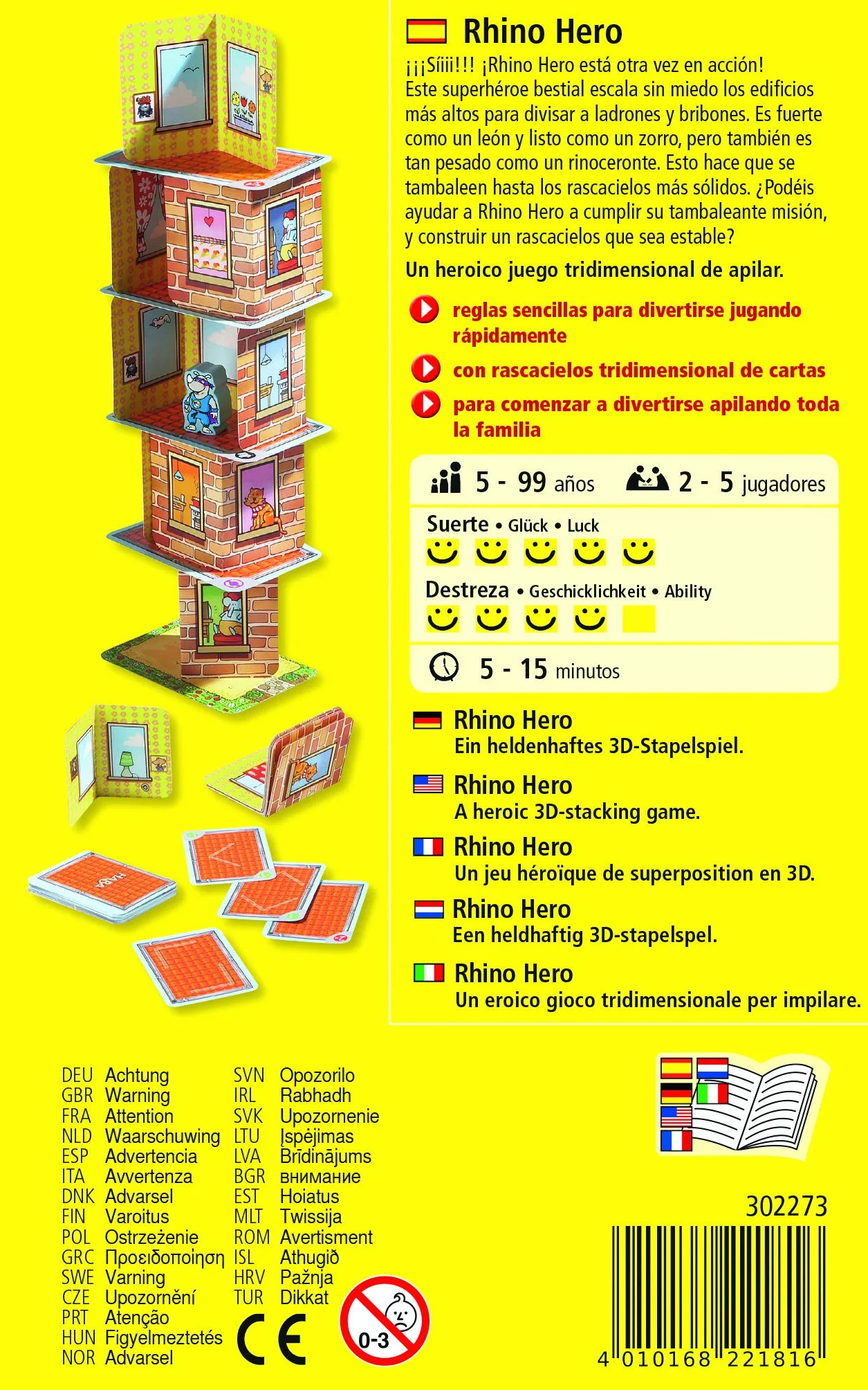 HABA 302273 - Rhino Hero, Juego Infantil de Mesa de Habilidad. Más 5 años