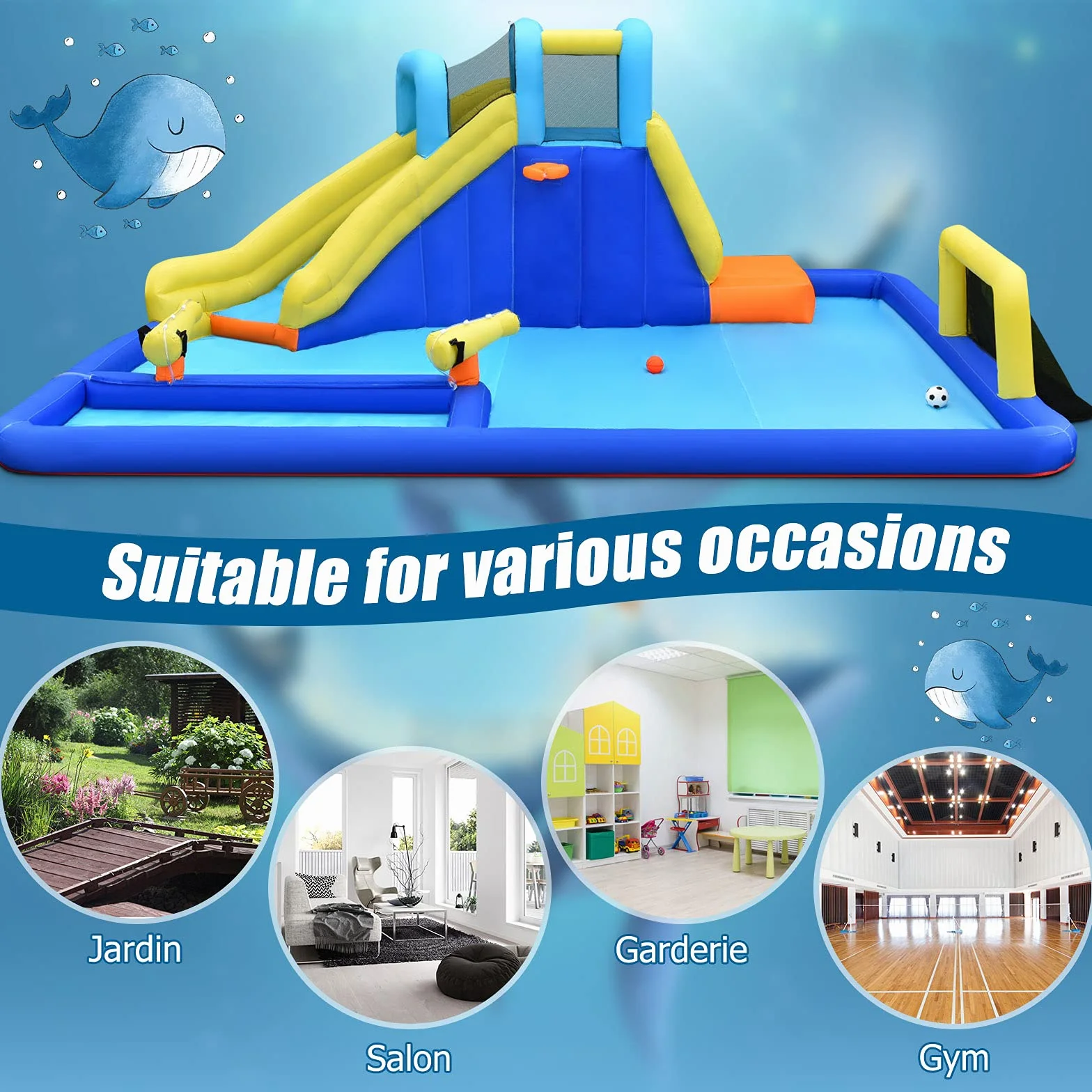 GOPLUS - Castillo hinchable con tobogán y pistola de agua, zona de juegos acuática con entretenimiento múltiple, ideal para niños mayores de 3 años (con soplador de 680 W)