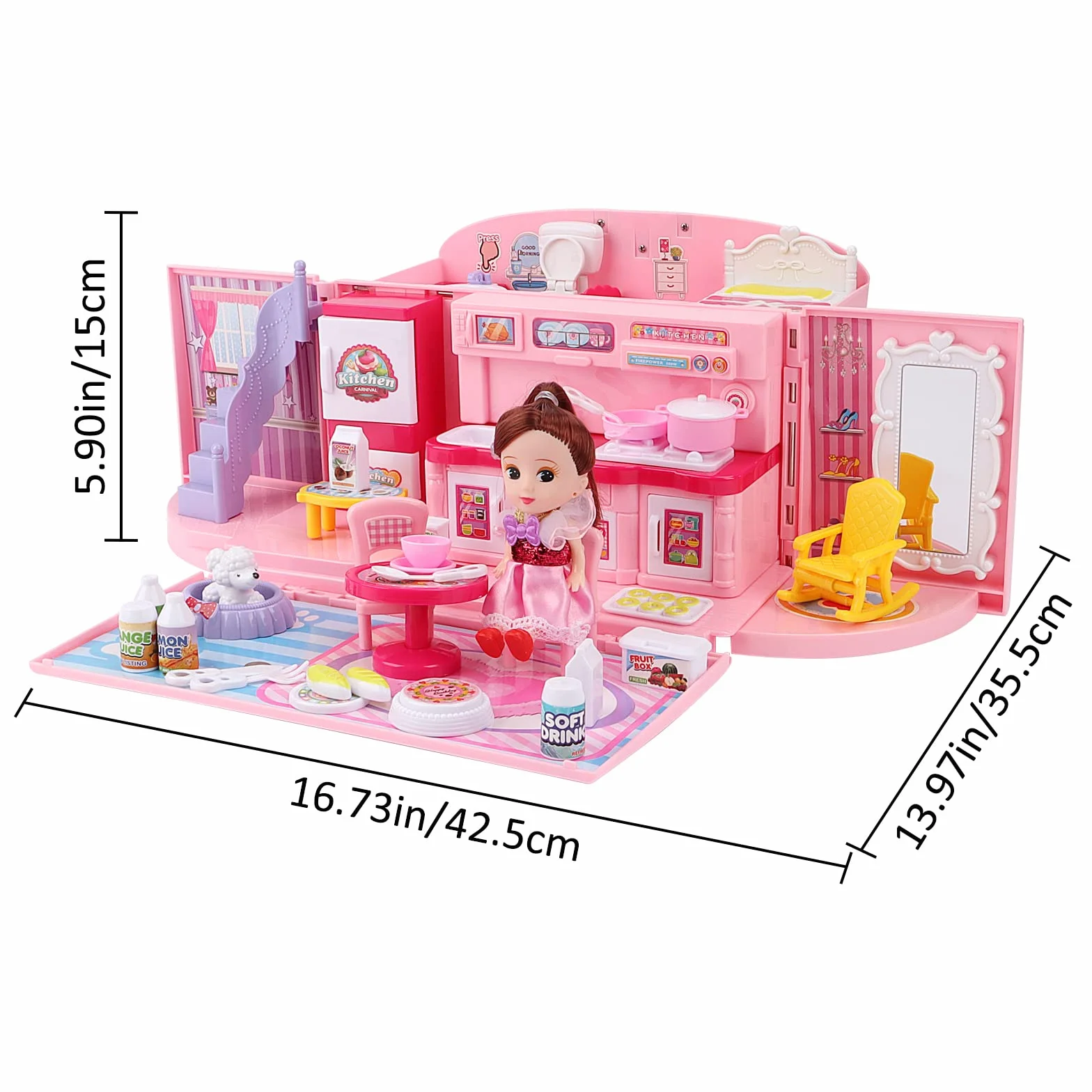 deAO Casa de Muñecas Portátil: Casa de Muñecas con Diseño de Bolso para Niñas a Partir de 3 Años, Juguete Plegable para Viajar con luz y Música, Incluye Muñeca, Perro y Muebles, Regalo (Rosa)