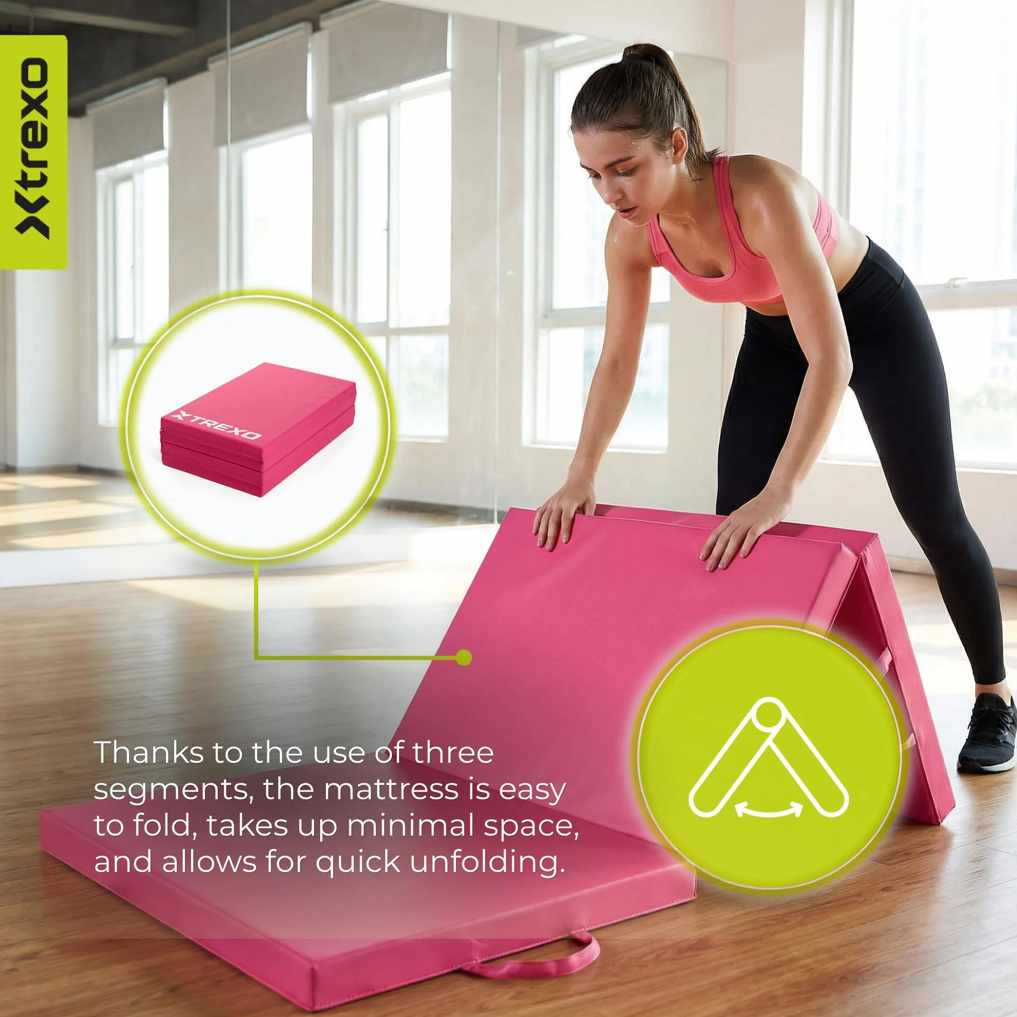 TREXO Colchón de gimnasia plegable 180x60x5 cm 3 piezas funda piel ecológica resistente abrasión espuma polietileno flexible
