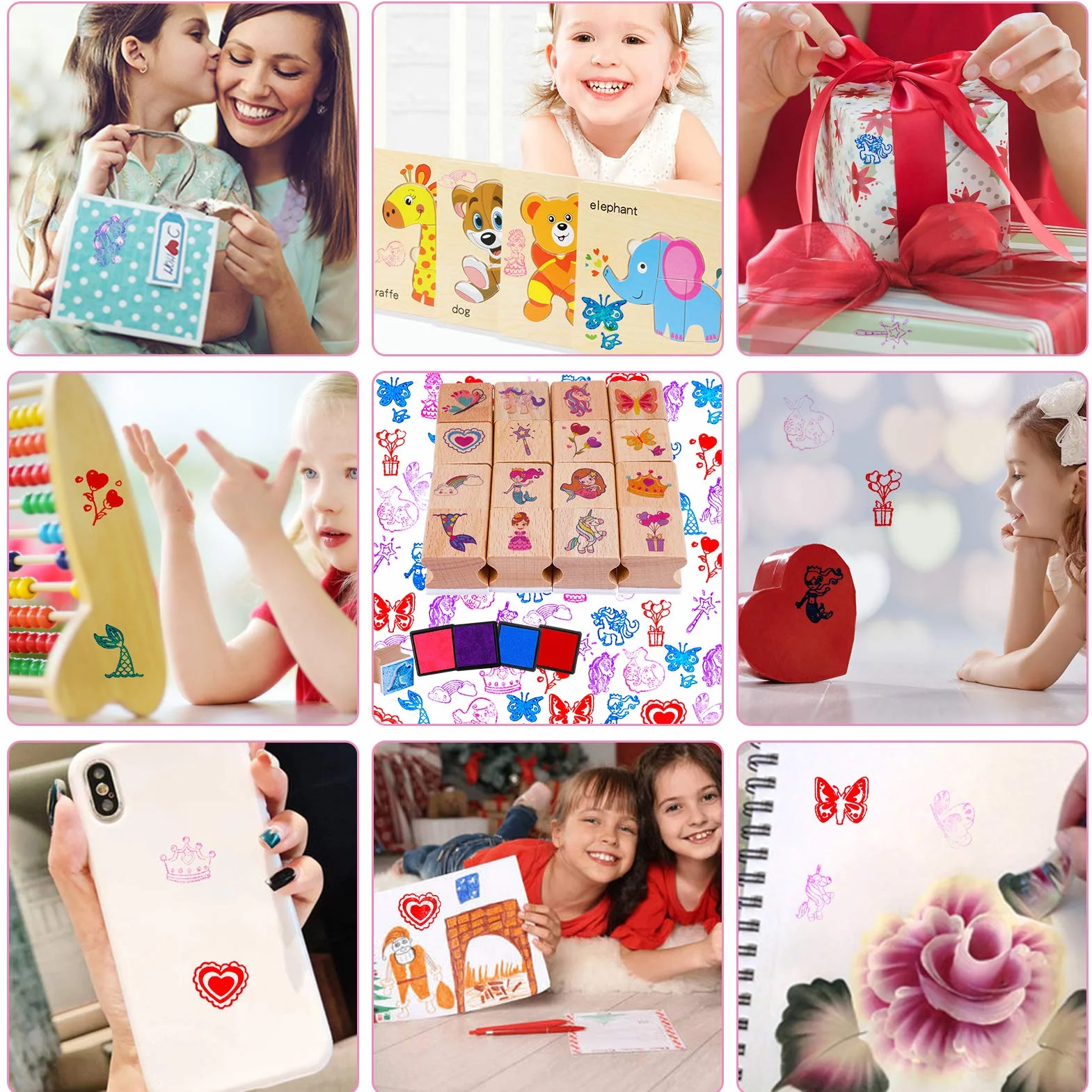 HOWAF 16 Madera Sellos para Niñas Niños Manualidades con Almohadilla de Tinta 4, Unicornio Sirena Princesa Corazón Arcoíris Mariposa Sellos para Niña Bricolaje Scrapbooking Tarjeta Impermeables Regalo