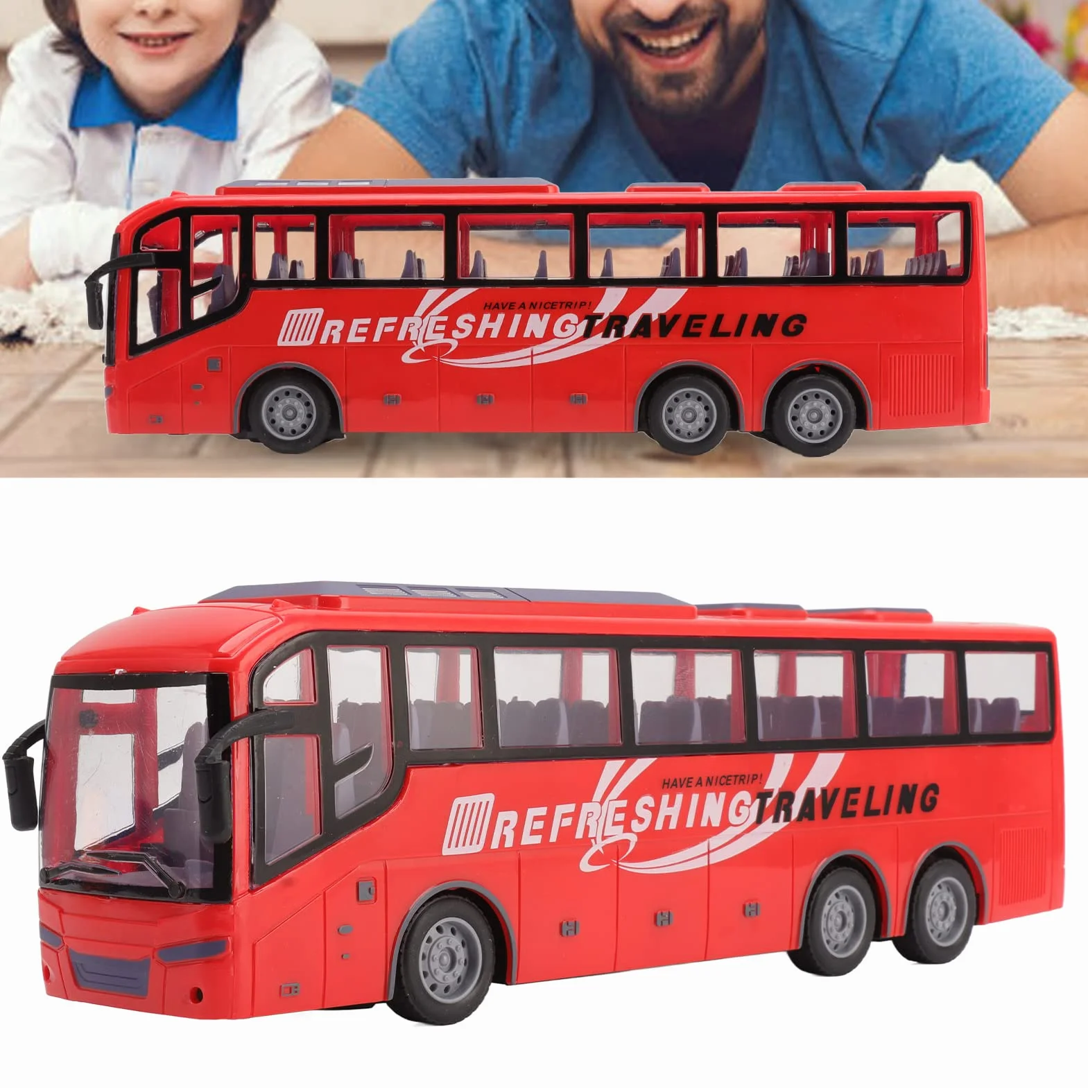 Modelo de Bus de Control Remoto a Escala 1: 20 con Luces Brillantes y Controlador Remoto, vehículo electrónico Recargable de Juguetes de autobuses RC inalámbricos para niños y (Viaje Rojo)