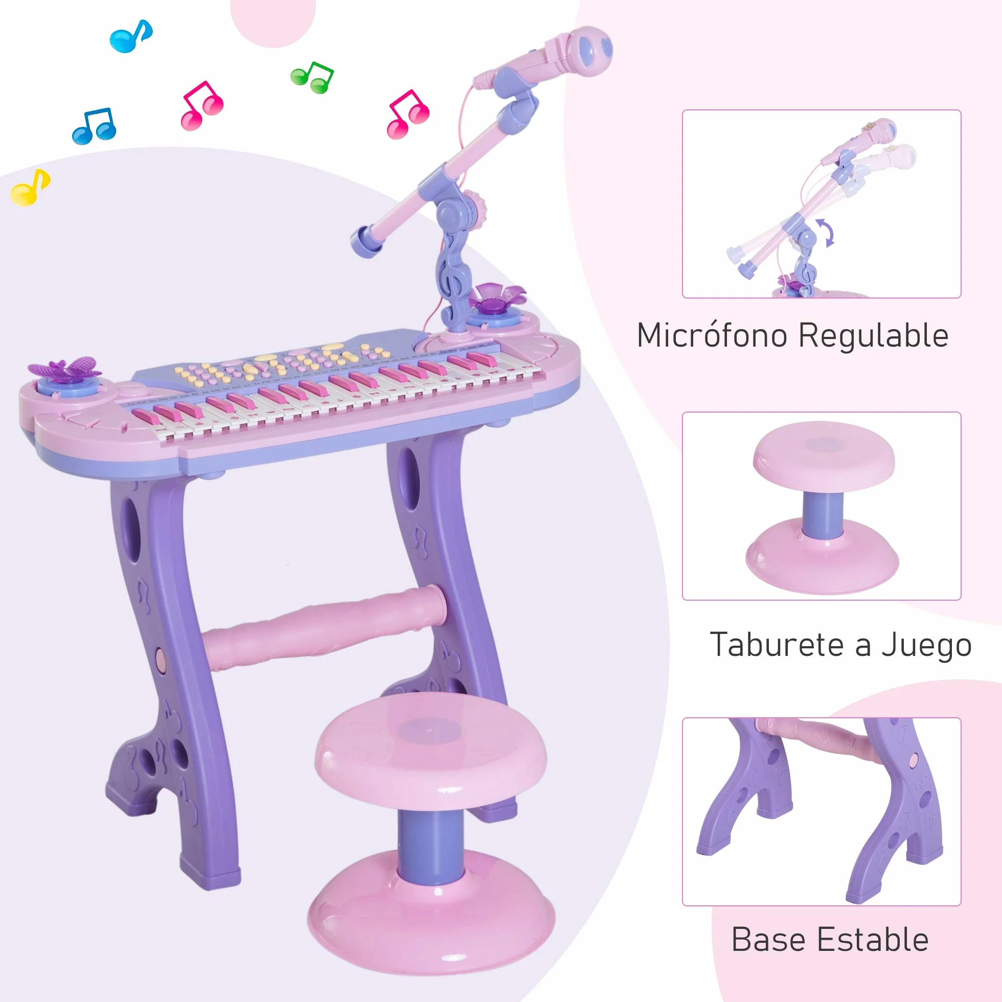 HOMCOM Piano Infantil 37 Teclas Teclado Electrónico Juego de Piano Regalo Juguete Educativo para Niños +3 Años con Micrófono Taburete Luces y 22 Canciones USB/MP3 Karaoke Rosa