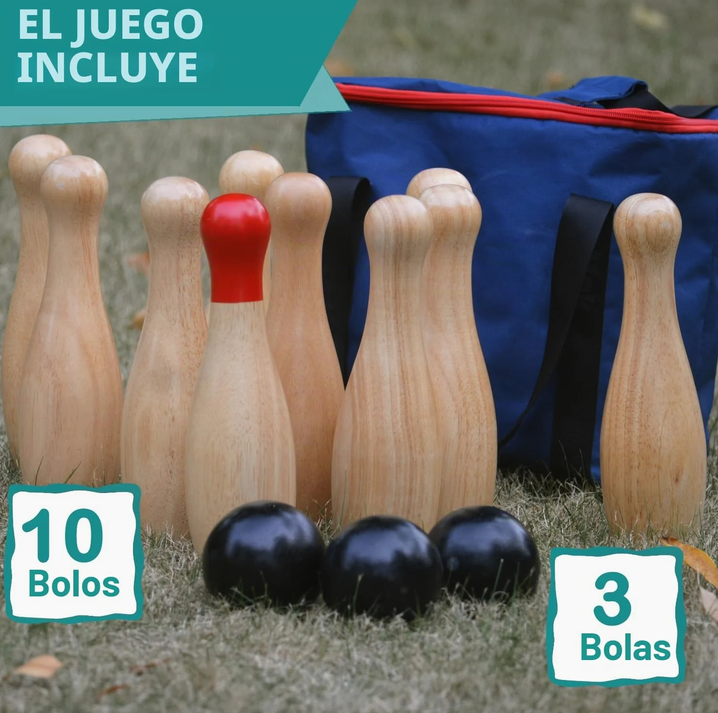 Juego de boliche de madera con botellas de lanzamiento para jardín al aire libre para la familia, juego de bolos con bolsa de transporte (Altura 26 cm, 10 bolos + 3 bolas)