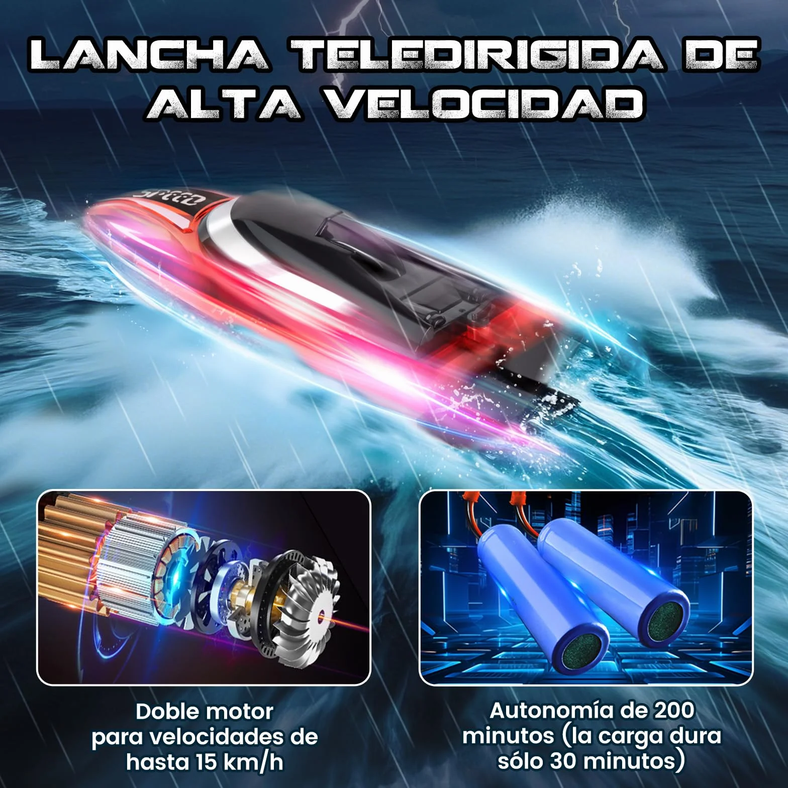 JONRRYIN Barco Teledirigido 2 Piezas, 2.4GHz Barcos Teledirigidos con Luces LED y Alarma de Batería Baja, Barcos RC Regalo para Niños y Adulto (Rojo+Azul)