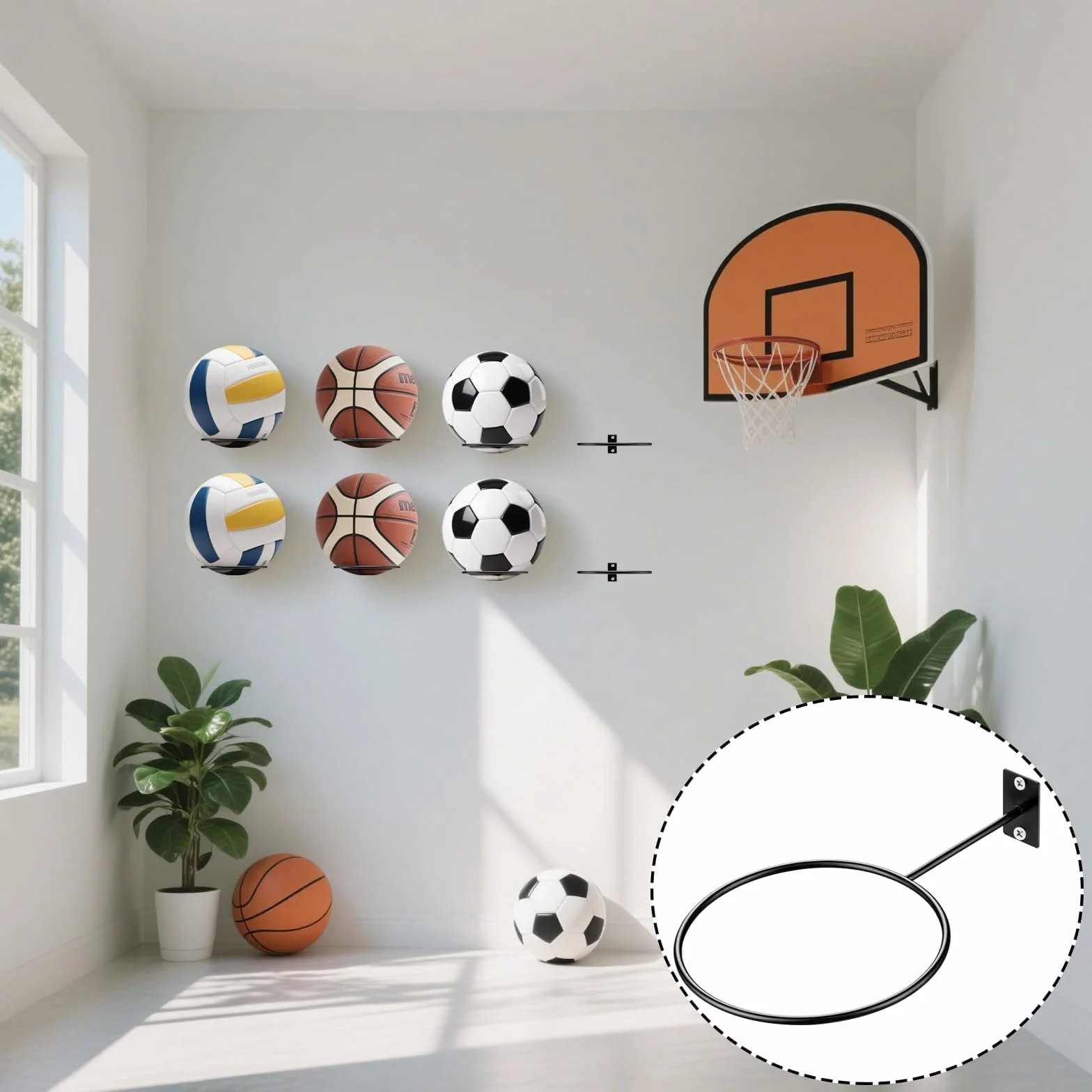 Soporte de pared para pelotas de baloncesto, voleibol, fútbol y rugby con tornillos