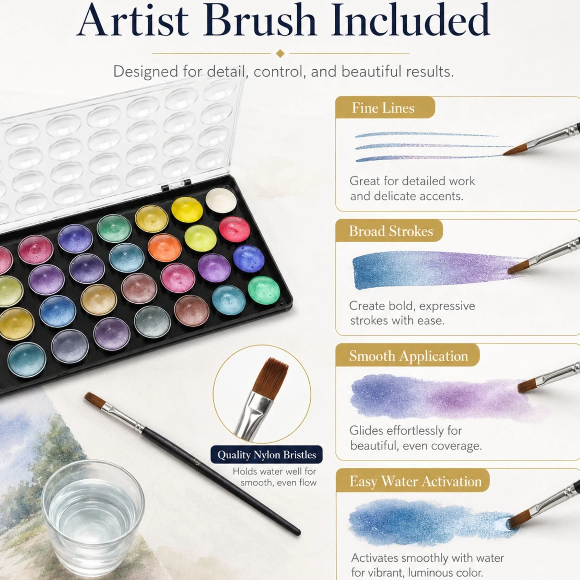 Artme Acuarelas/Paletas metálicas para pasteles de pintura de acuarela con un pincel de artista, 36 colores vibrantes