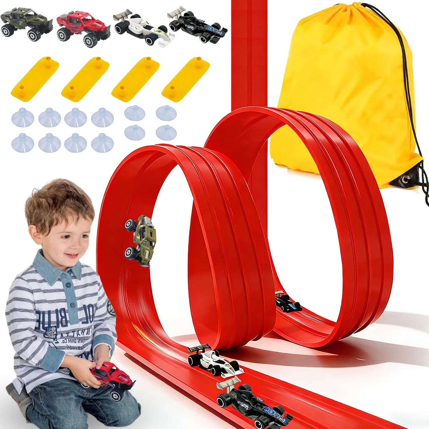 Pista de Coches para Niños, Pista Coches Flexible 4M, Pista De Carreras Portátil para Niños con 4 Coches, Pista de Coches Flexible, Circuito Coches Flexible, Regalo para Niño y Niñas 3 4 5 6 Años (M2)
