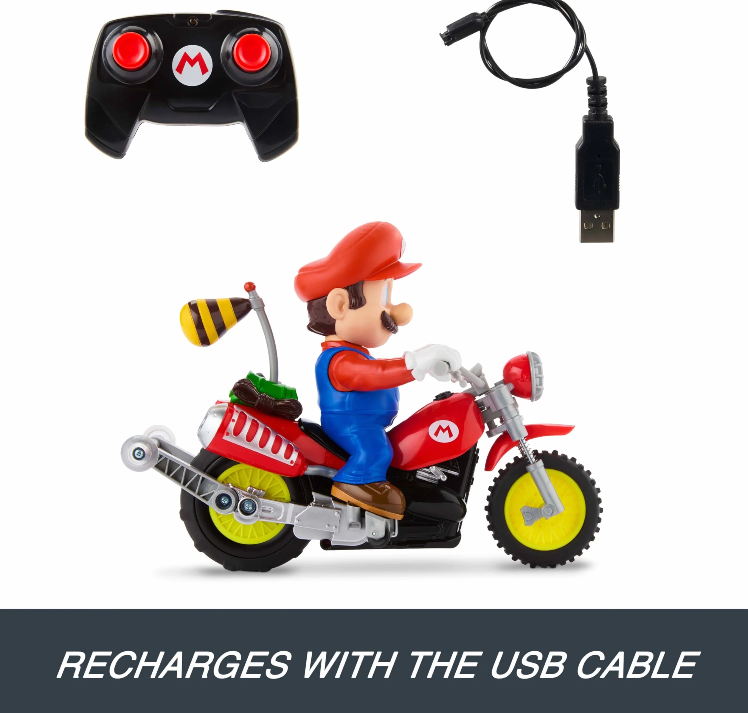 Hot Wheels Mario Kart Moto teledirigida, Moto de Motocross teledirigida para Hacer caballitos de “Super Mario Galaxy: la película” con Figura de héroe, JML15