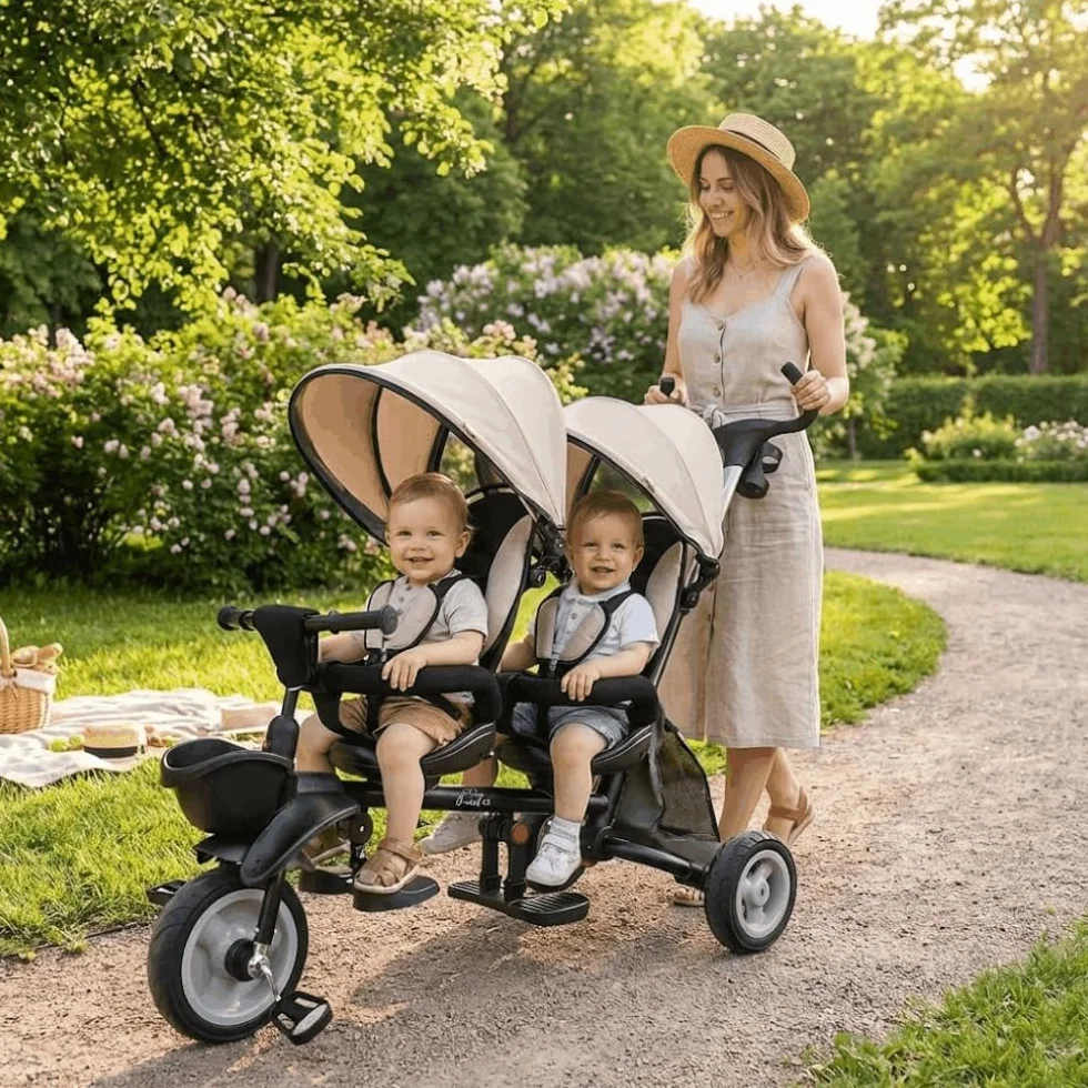 QPlay Triciclo Evolutivo Bebé para Dos | Triciclo para Gemelos o Mellizos, para Bebes Desde 10 Meses hasta los 36 Meses, Paseos en Familia