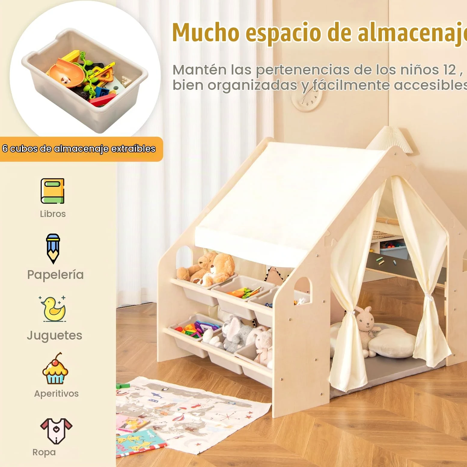 HOMASIS 5 en 1 Tienda de Campaña Infantil con Mesa y Silla, Tipi Infantil con Alfombrilla y Pizarra y Caja de Almacenamiento y Caja de tizas, para Niños de 2-6 Años (con 6 Caja)