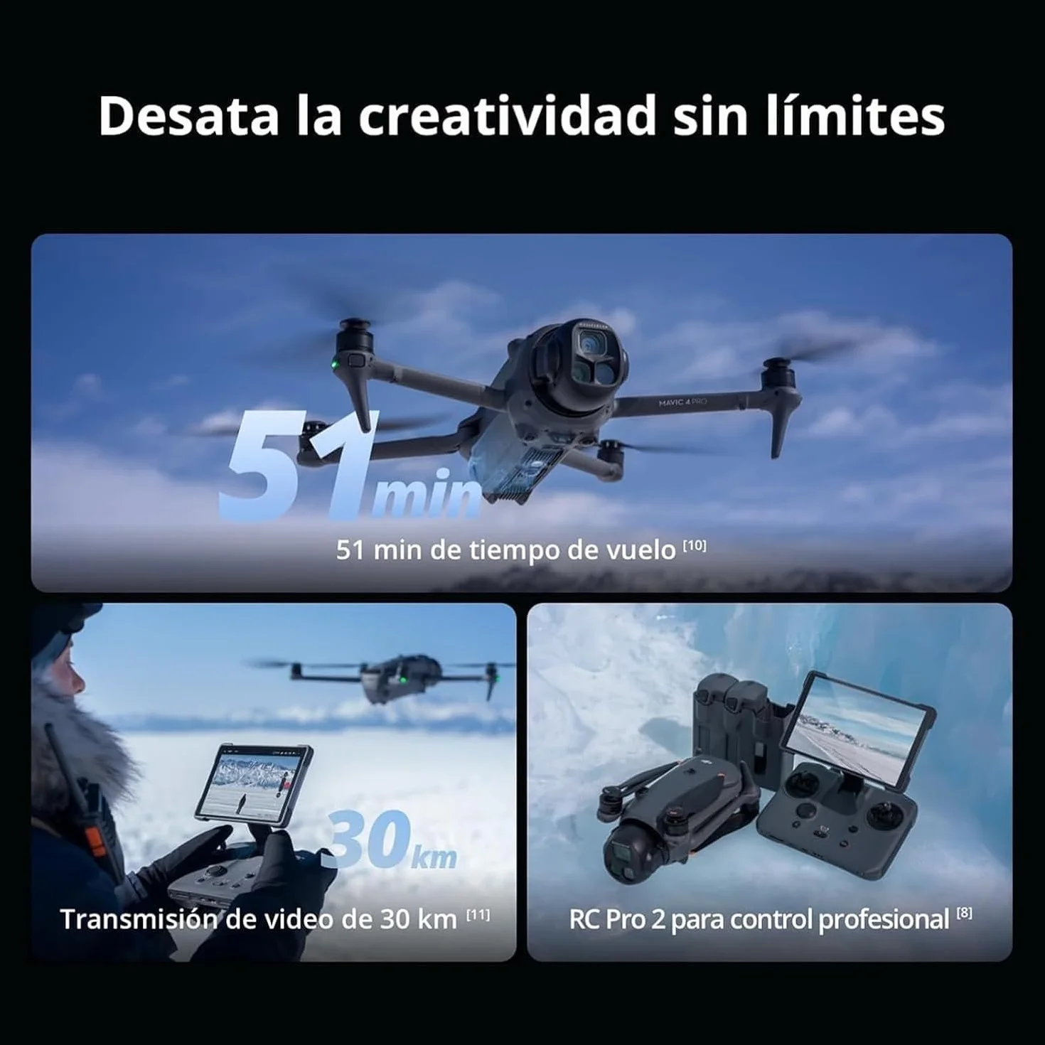 DJI Mavic 4 Pro con DJI RC 2, dron tricámara insignia con cámara Hasselblad de 100 MP y sensor CMOS 4/3, dron para profesionales, transmisión de 30 km, 51 min de tiempo de vuelo