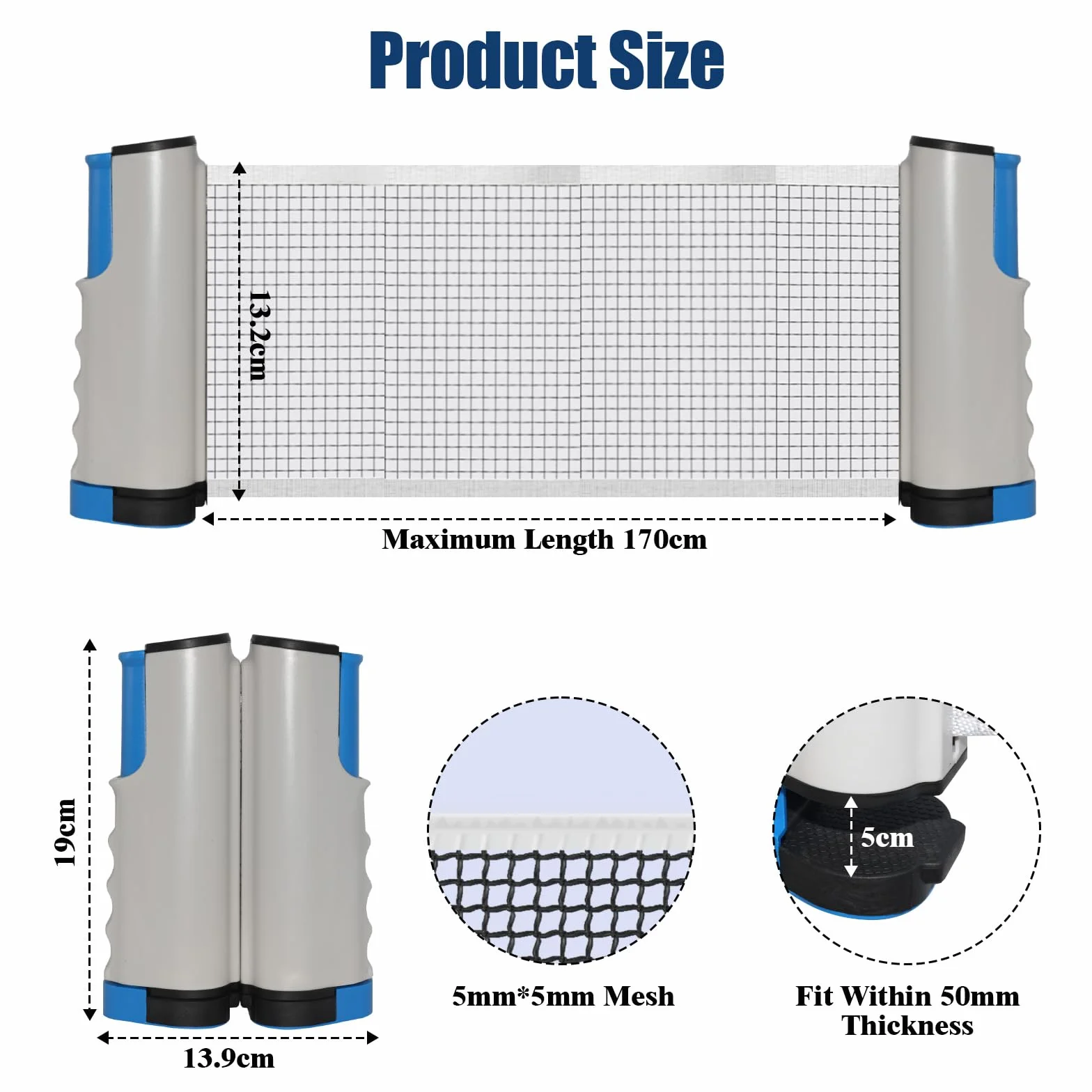 Red de Ping Pong Retráctil Portátil, Extensible hasta 170 cm, para Exterior e Interior, Azul Grisáceo